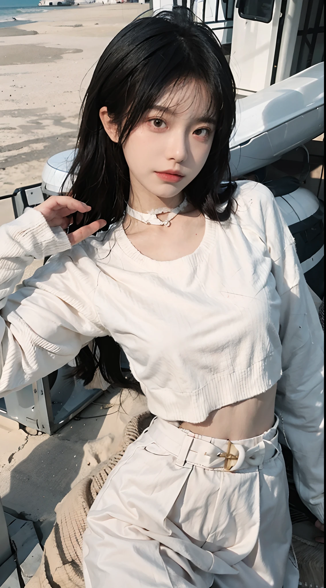 best qualtiy， 超高分辨率， （realisticlying：1.4），cute hairpin，1girll，Red long-haired,Cropped sweater ，Beautiful woman with a slim figure:1.4, Pronounced abs，On the sandy beach,Ultra-fine face，Elaborate Eyes，二重まぶた，choker necklace