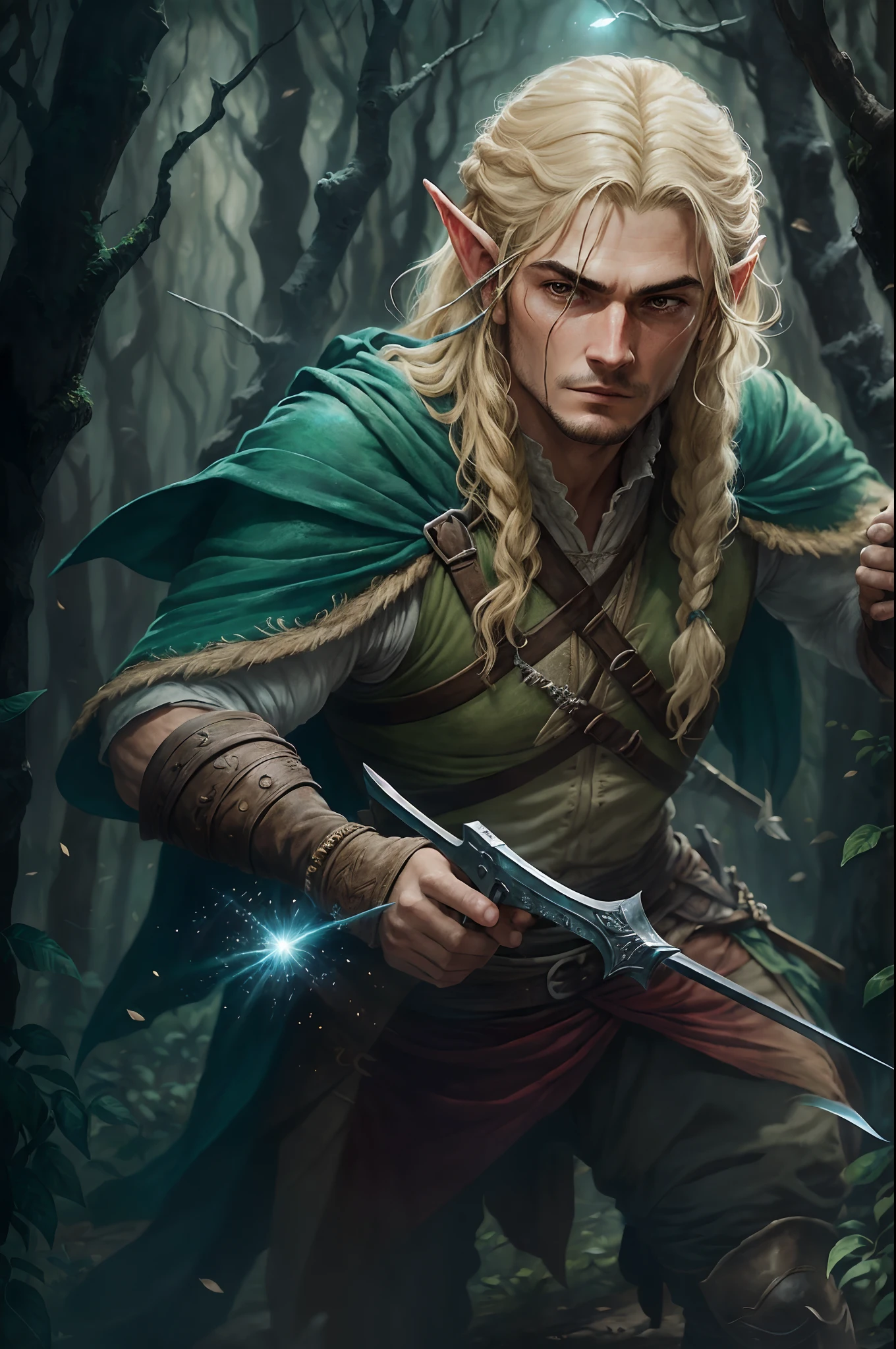 Assunto: Legolas (interpretado por Orlando Bloom) action: Engajado em combate, matando Orcs Contexto: Cena de batalha Ambiente: Dark Forest Lighting: Luar misterioso Artista: Alan Lee Estilo: Epic Fantasy Medium: Pintura digital Tipo: Action scene Color scheme: Cool tones with pops of vibrant colors Computer Graphics: 3D rendering Quality: highes definition, detalhado Prompt positivo: ((melhor qualidade)), ((obra-prima)), ((realista)), Legolas (interpretado por Orlando Bloom) expertly killing Orcs in a dynamic battle scene set in a dark forest. The lighting should evoke a mysterious atmosphere, iluminada pelo brilho suave da luz da lua. Art should be created in the style of Alan Lee's epic fantasy illustrations, Using digital painting techniques to capture the intensity of the action. O esquema de cores deve consistir em tons frios com detalhes vibrantes. Use 3D rendering for computer graphics to increase depth and realism. Focus on high definition and intricate detail to create a truly remarkable piece. --auto --s2