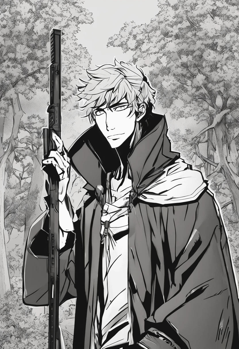 masculino,Anime,2d,preto e branco, cabelo verde, Adulto, 19 anos, guerreiro, fazendeiro, pobre, medieval , sorrindo, graves, triste foco no rosto, melhor qualidade, obra prima, 8k, 32k