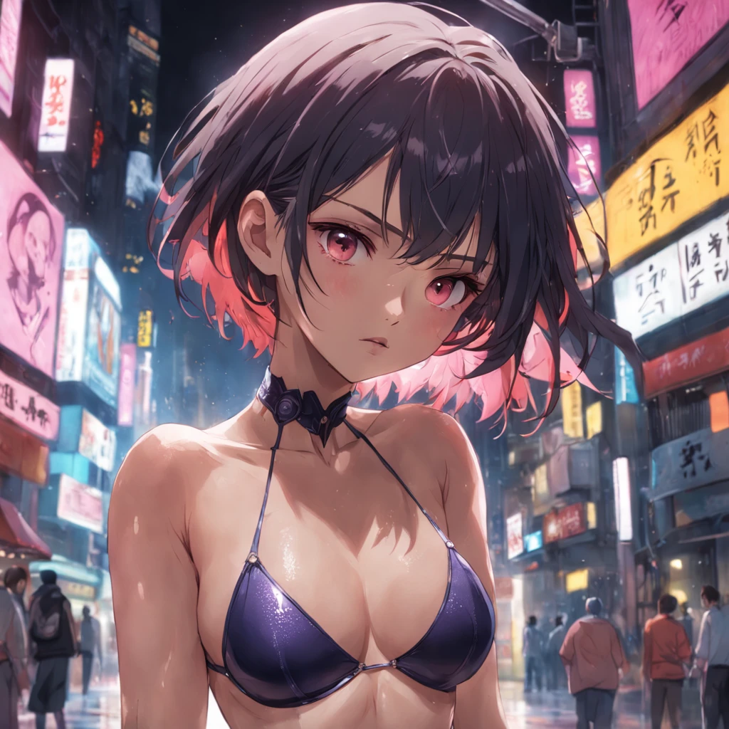 Lago Cyberpunk, beaultiful bikini, short hair, Ecchi, cabelos pretos, olhos vermelhos, menina fofinha, retrato de corpo inteiro, pele macia fotorrealista, 8k, suar, Corar, belo tiro ambiental amplo, cinematic lighting delicate features finely detailed perfect face flushed look, GapMoe, trending on pixiv fanbox, Pintado por Akihiko Yoshida de BBWCHAN, circunstanciado, hiper, intrincado, maravilhoso, accuracy, Amazing, maravilha, Finamente, super, Exquisitely, {{{master part}}}, {{{melhor qualidade}}}, {{ultra-detalhado}}, {Cinematic lighting}
