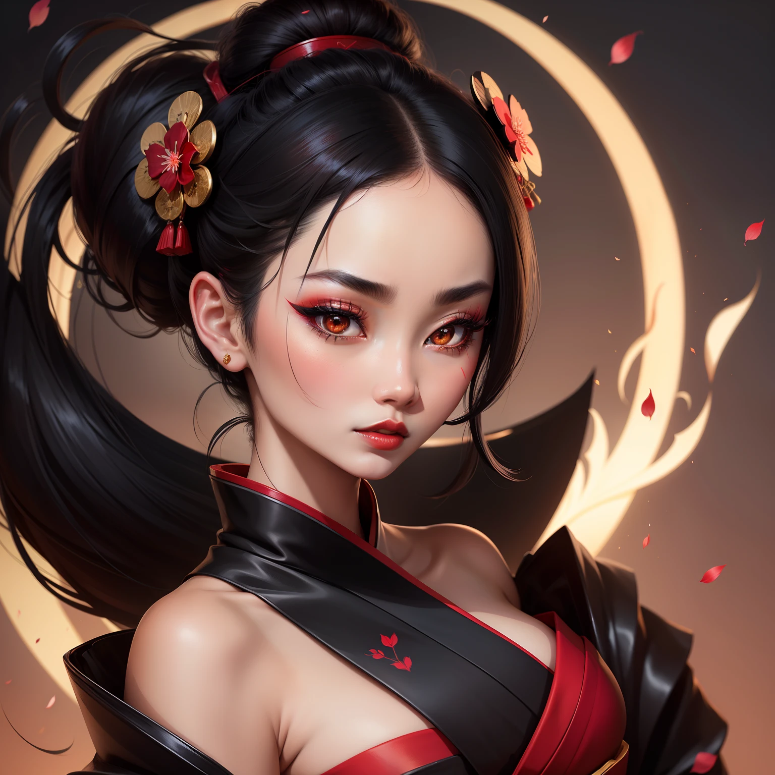 Seductive geisha, wear black kimono, black hair, red moon, dark skin complexion, cherry blossom on hair, 4k, almond eyes, big lip, logo, heart shape face, face fuller, sexy hair tied up, black eyes, dark red lipstick, female samurai warrior, swords, face shots, head shots, freckles on the face, up close head face shots, full hair, brown skin tanned