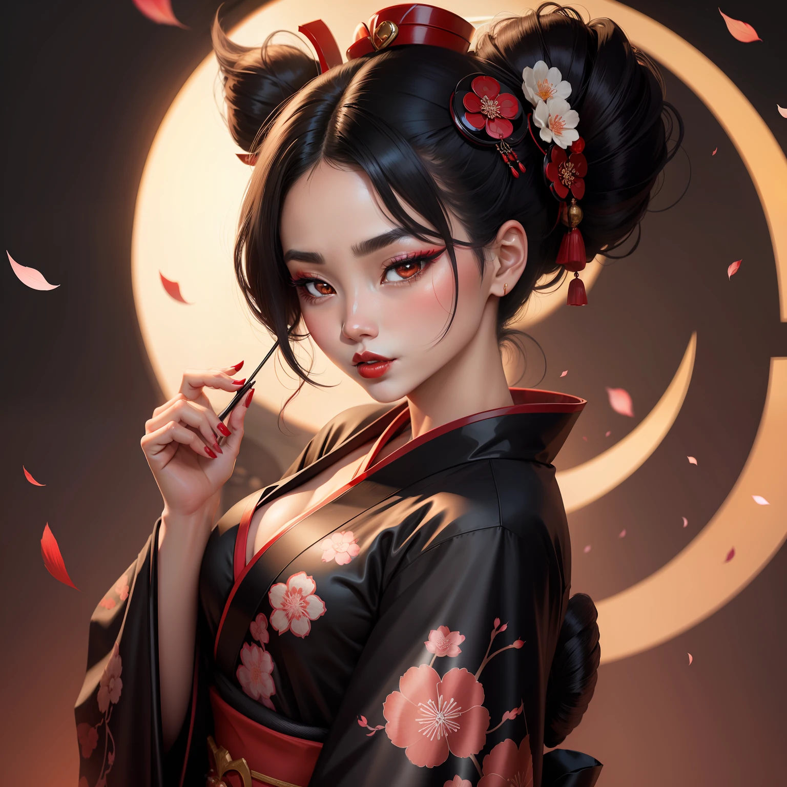Seductive geisha, wear black kimono, black hair, red moon, dark skin complexion, cherry blossom on hair, 4k, almond eyes, big lip, logo, heart shape face, face fuller, sexy hair tied up, black eyes, dark red lipstick, female samurai warrior, swords, face shots, head shots, freckles on the face, up close head face shots, full hair, brown skin tanned