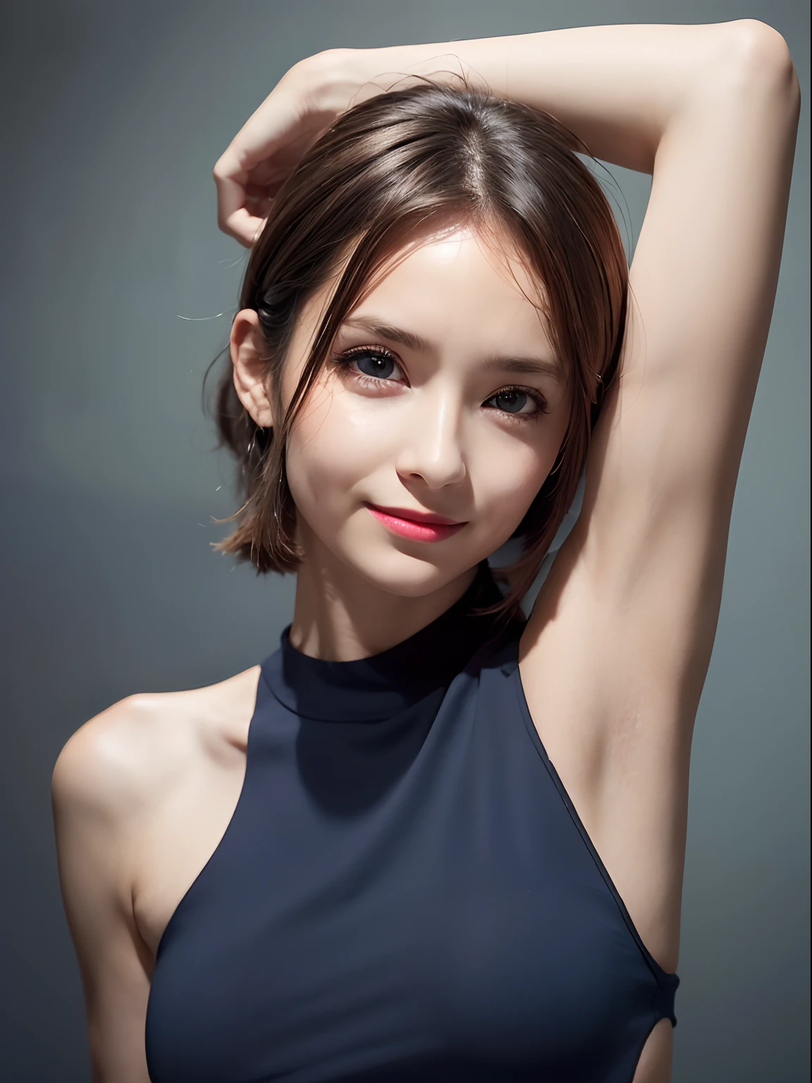((armpit pose、Show armpits、Armpit、There are many wrinkles in the armpits、Detailed armpit wrinkles、Show underarms、Armpit、Detailed armpit wrinkles、Brightly lit armpits、The upper part of the body、Navel is visible、Navel、Detailed armpit wrinkles、detailed skin textures、Raise your hand to show your armpits、Armpit、Navy blue sleeveless sweater、Dark blue high neck sleeveless sweater、high-ponytail Hairstyle、Raise your hands to show your armpits、red lipsticks))、((Wrinkles under the armpits、Realistic armpit wrinkles:1.8))、(realisitic、Photorealsitic:1.37)、(8K、Raw photography、top-quality、masterpiece:1.2)、cute little、ultra-detailliert、Blue Pupils、physically-based renderingt、超A high resolution、Kodak Vision Color、Captured with an Arricam LT camera、foco nítido、looking at viewerer、Photorealsitic、realisitic、独奏、Photorealsitic、top-quality、extra detailed face、extremely detailed eye and face、beatiful detailed eyes、absurderes、incredibly absurdness、haunting smile、