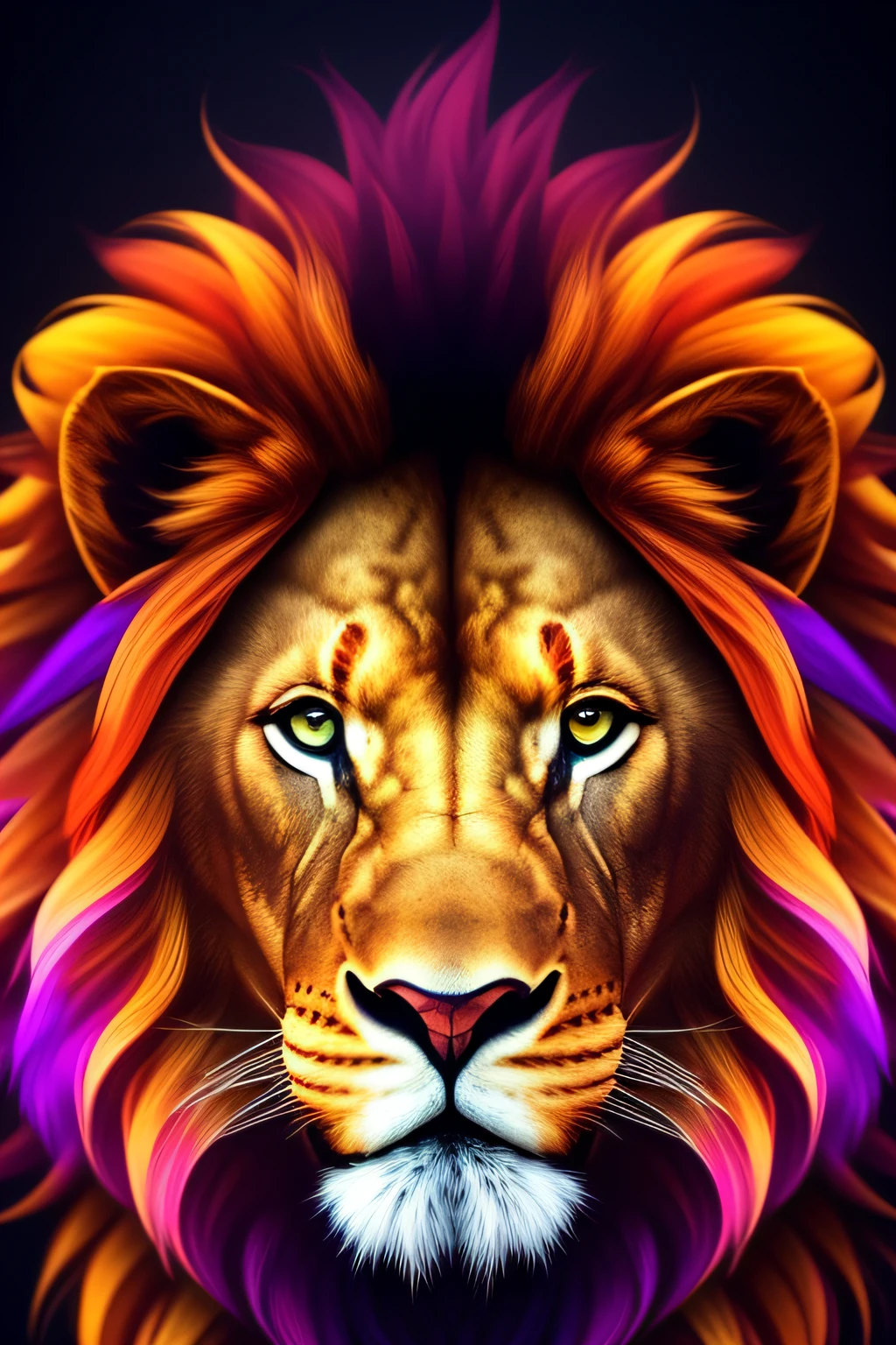 Draw an anthropomorphic lion fused with Sonic, frontal and full body. He wears tight sportswear, in a synthesis of agility and charisma. He is covered in shiny golden fur and a long mane of bright colors, in shades of purple, yellow and red, that flutters in the wind. He maintains the lion's face, with his intense red eyes reflecting the confident and focused gaze typical of the lion. His demeanor is laid back but determined, with the rebelliousness of the lion and the free spirit of Sonic. Captured with the Fujifilm GFX 100 camera in stunning 8K quality.
