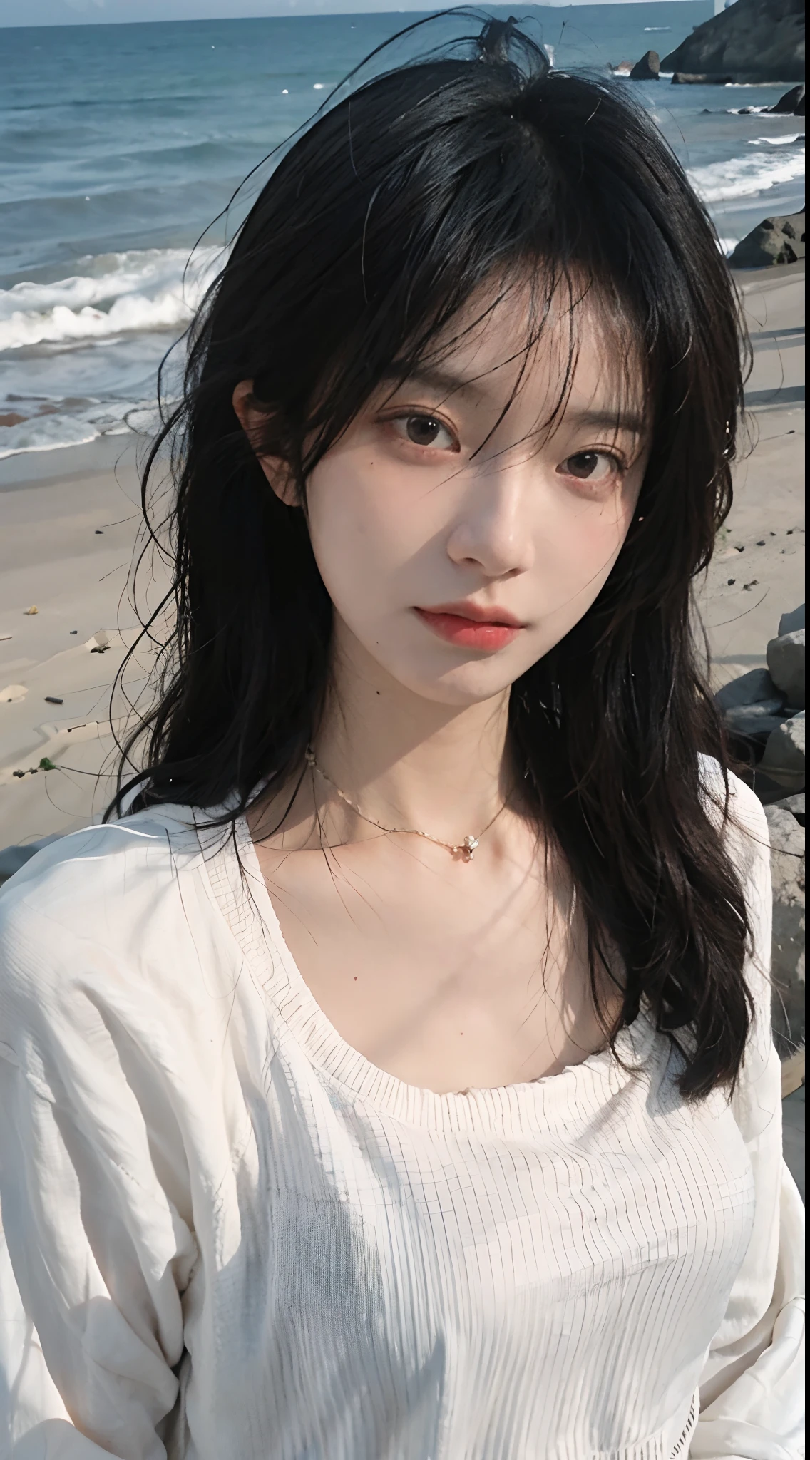 Best quality,Ultra-high resolution,(lifelike:1.4),Cute hairpin,2girll,Long curly hair,jk,Blush,Slim beauty:1.4,Visible abdominal muscles,on the beach,Ultra-fine face,Exquisite eyes,Double eyelids,necklace