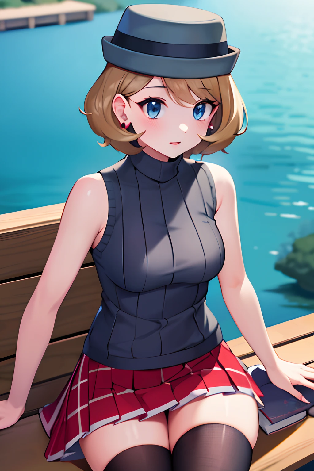 masterpiece, best quality, highres, serena \(pokemon\), short hair, blue eyes, 1girl, grey headwear, solo, sleeveless turtleneck, jewelry, earrings, sweater vest, red skirt, black thighhighs, eyelashes, grey sweater, pleated skirt, bangs, turtleneck sweater, bench, sitting, lake, book,