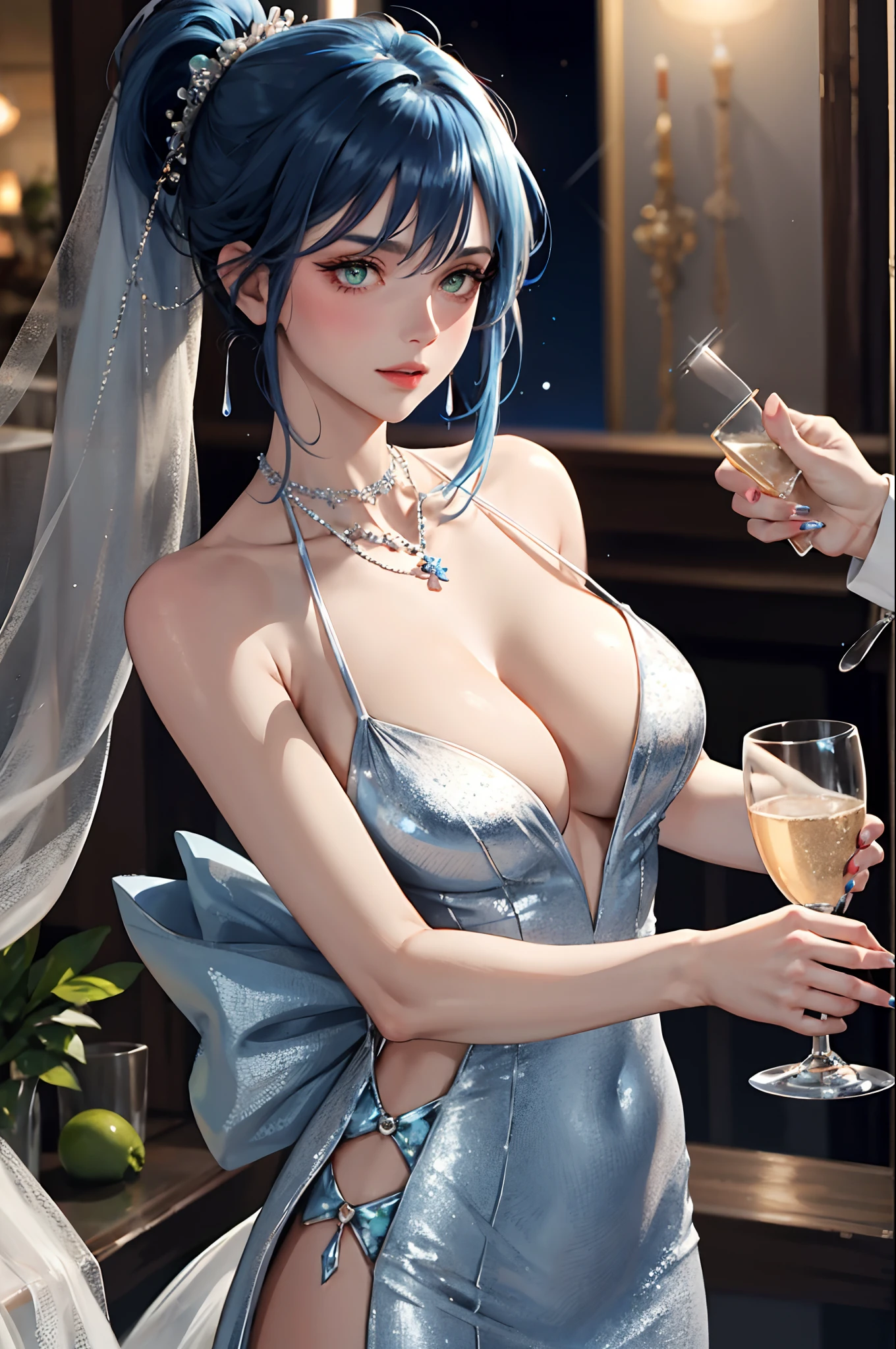 1girl, alcohol, backless dress, backless outfit, bangs, bare shoulders, deep blue hair, blue nails, blush, champagne flute, cleavage, collarbone, cup, dress, drinking glass, evening gown, glittery dress, hair between eyes, visible, Halter Neck Chiffon Dress, holding, holding cup, jewelry, huge breasts, looking at viewer, nail polish, necklace, parted lips, green eyes, plunging neckline, revealing clothes, side ponytail, sidelocks, translucent silver dress, solo, fashi-girl, upper body, (masterpiece:1.4),(best quality:1.4),[[realistic]],(shiny skin)