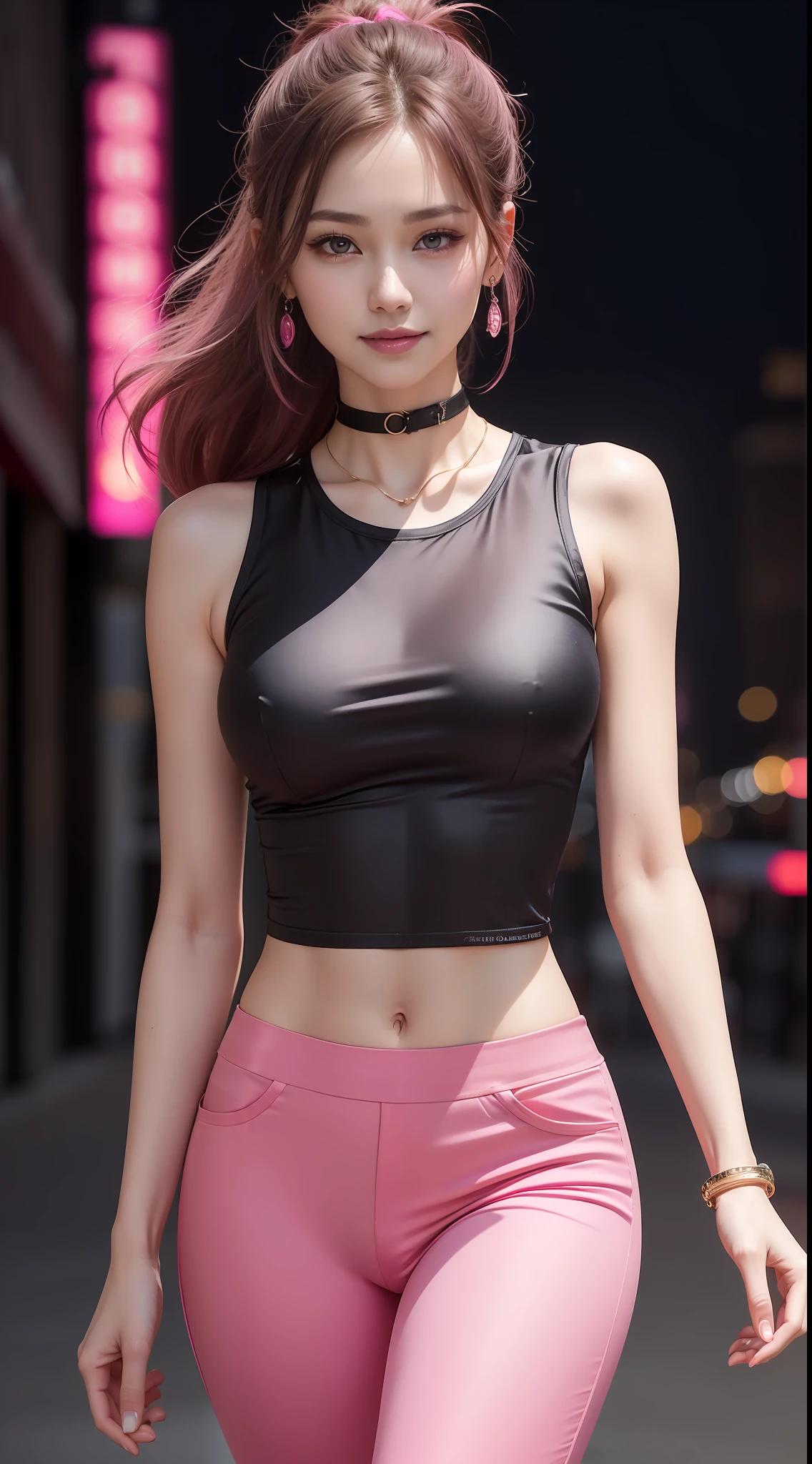 8k, masterpiece, RAW photo, best quality, photorealistic, extremely detailed CG unity 8k wallpaper, Depth of field, Cinematic Light, Lens Flare, Ray tracing, (extremely beautiful face, beautiful lips, beautiful eyes), intricate detail face, ((ultra detailed skin)) 1girl, in the dark, deep shadow, pretty korean girl, kpop idol, 1 girl, (very slim slender fit-muscled body:1.3), ((looking at viewer)),(big smile:1.3), (tight laced blouse), (hot pink color blouse), (sleeveless) , (fashion city night, dark night, (neon sign), (blurred background), fashion street night),(without people in the background:1.3), beautiful earrings, bracelets, necklace, pantyhose, clear eyes, (pale skin), (big eyes), face forward, ((upper body shot)), ((silk hot pink color pants:1.3)),(brown hairs),((tight fitting silk pants)), (looking at viewer:1.3) open breast, very slim, medium breasts, turning back, see through, transparent pants, pony tail, updo hair