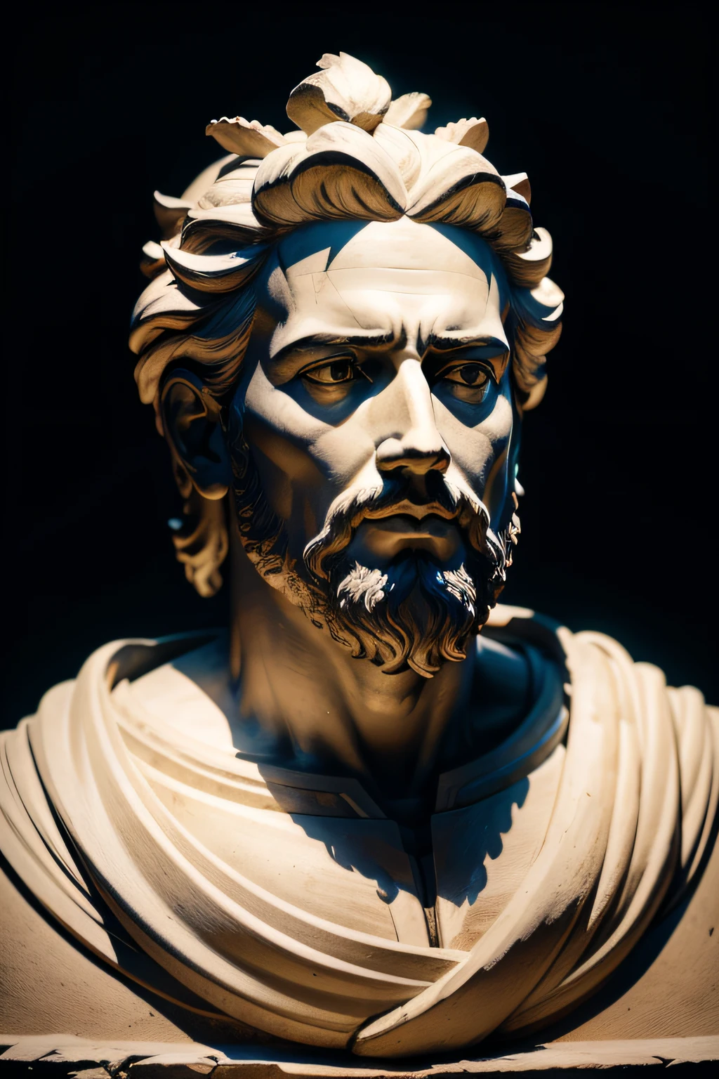 Realistic statue with all-black background of ancient philosopher Marcus Aurelius thoughtful. obra-prima, melhor qualidade, Textura 8K, altamente detalhados, realista, soft Cinematic Light, HDR, foco nítido, obra-prima, fotorrealista, fotografia premiada, Canon EOS R5, 35 mm.