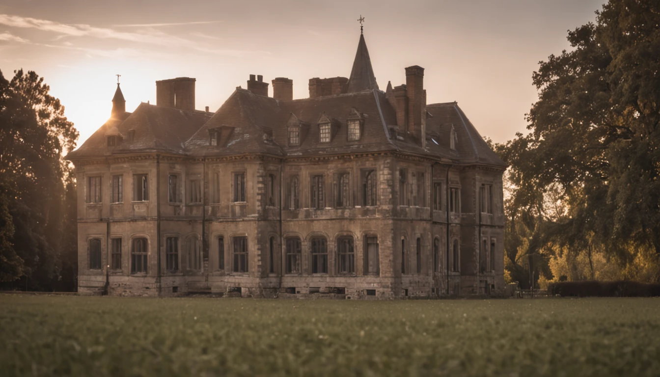 imposing architecture, sense of history, evening sun, long shadows, eerie atmosphere, surroundings, daylight, dim interior, cold, weight of history
