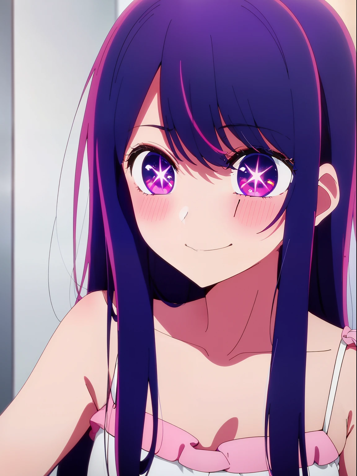 Anime girl with long hair and purple eyes, a picture inspired by Puru, Tumbler, conceptual art, Anime Best Girl, anime moe art style, closeup Iwakura Lain, Anime visuals of cute girls, Anime girl named Lucy, iwakura lain, Still from TV anime, anime still image, (Anime Girl)、Live performance venue、pink  dress、A smile、Ai Hoshino、