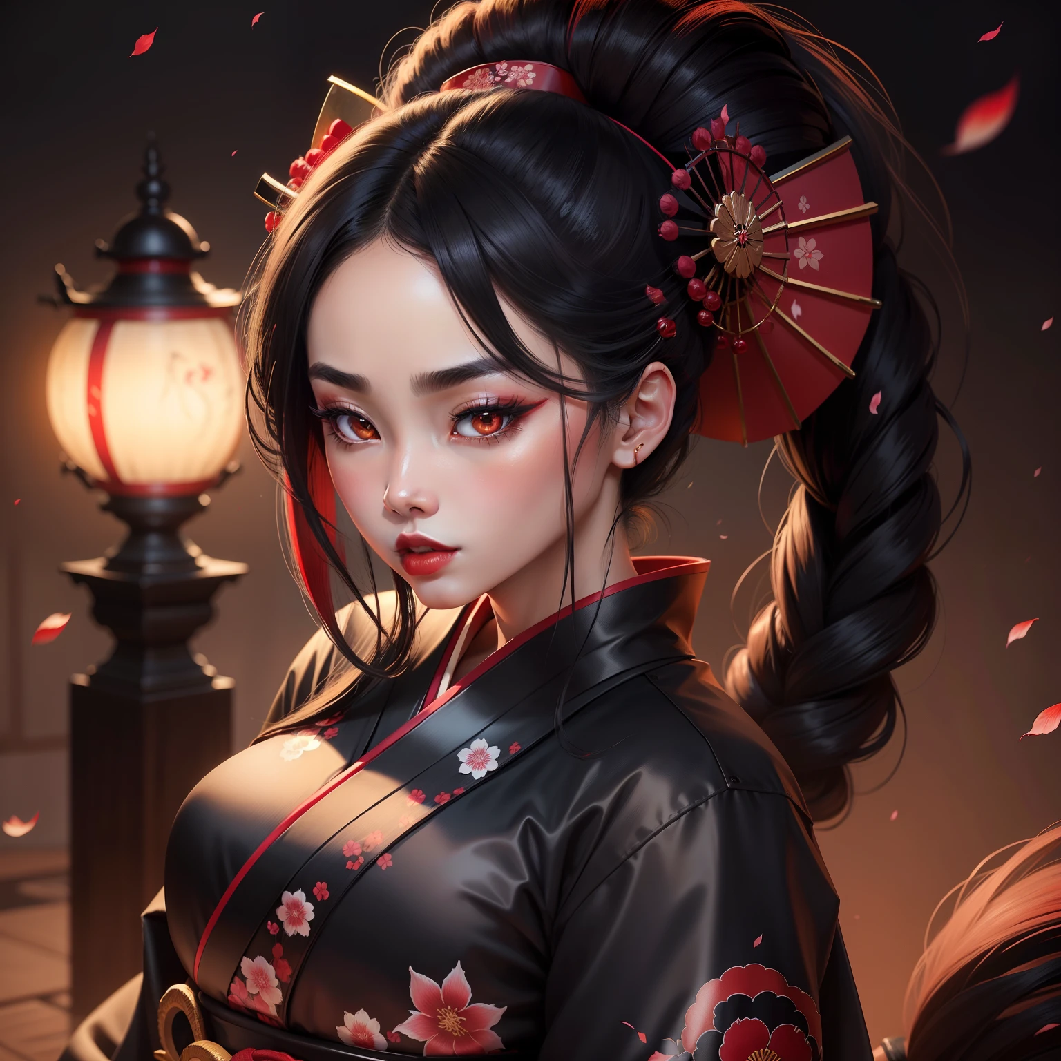 Seductive geisha, wear black kimono, dark black jet hair, red moon, dark skin complexion, cherry blossom on hair, 4k, almond eyes, big lip, logo, heart shape face, face fuller, sexy hair tied up, black eyes, dark red lipstick, female samurai warrior, swords, face shots, head shots, freckles on the face, up close head face shots, full hair, brown skin tanned