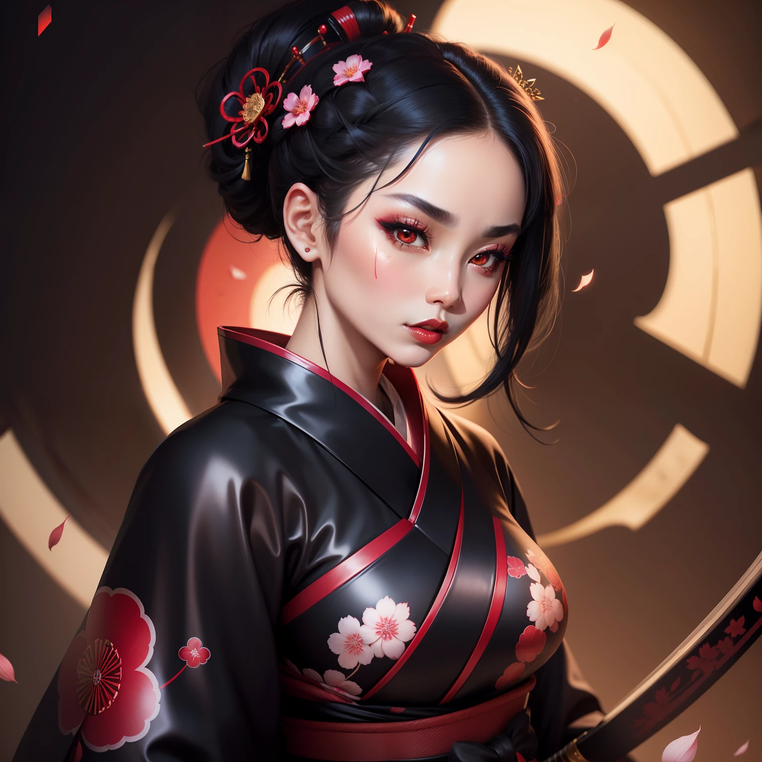 Seductive geisha, wear black kimono, black hair, red moon, dark brown skinned complexion, cherry blossom on hair, 4k, almond eyes, big lip, logo, heart shape face, face fuller, sexy hair tied up, black eyes, dark red lipstick, female samurai warrior, swords