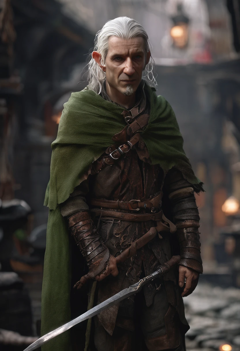 (Absurd, Intricate Details, Masterpiece, Best Quality, High Res, 8k), 1 male, green hair, male, young, short stature, halfling, hobbit, aged, dreadful, finely detailed eyes and face, short mustache hair dark red, hazelnut eyes, looking down, cape, ground, (full body: 0.6), detailed background, detailed face, (dark fantasy theme:1,1), Face covered with scarf, racket, (tattoos: 0.9), (crouching position: 0.75), tough dark leather (armor: 0.7), bracelet, dietrich, hood, small leather bag, knives, High fantasy medieval setting, dark alley background, stealth, secret, stolen goods, (barrels in background: 0.8), mistborn, dark atmosphere, , depth of field, visual effects.