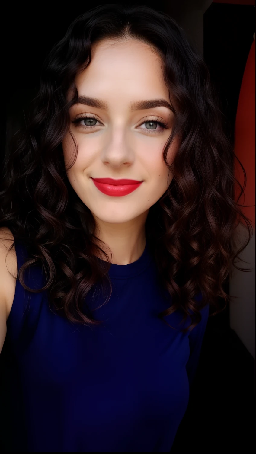 There's a woman with long curly hair and a blue top, seu rosto emoldurado com cachos, cabelos cacheados claros, Justina Blakeney, sem maquiagem cabelo ondulado, cabelos escuros cacheados, cabelos cacheados, Kaitlyn Michelle Siragusa, foto do snapchat, franja encaracolado, com longos cabelos cacheados, cabelo encaracolado curto escuro sorrindo, cheeky smile with red lips, messy curly hair, olhos azuis verdeados