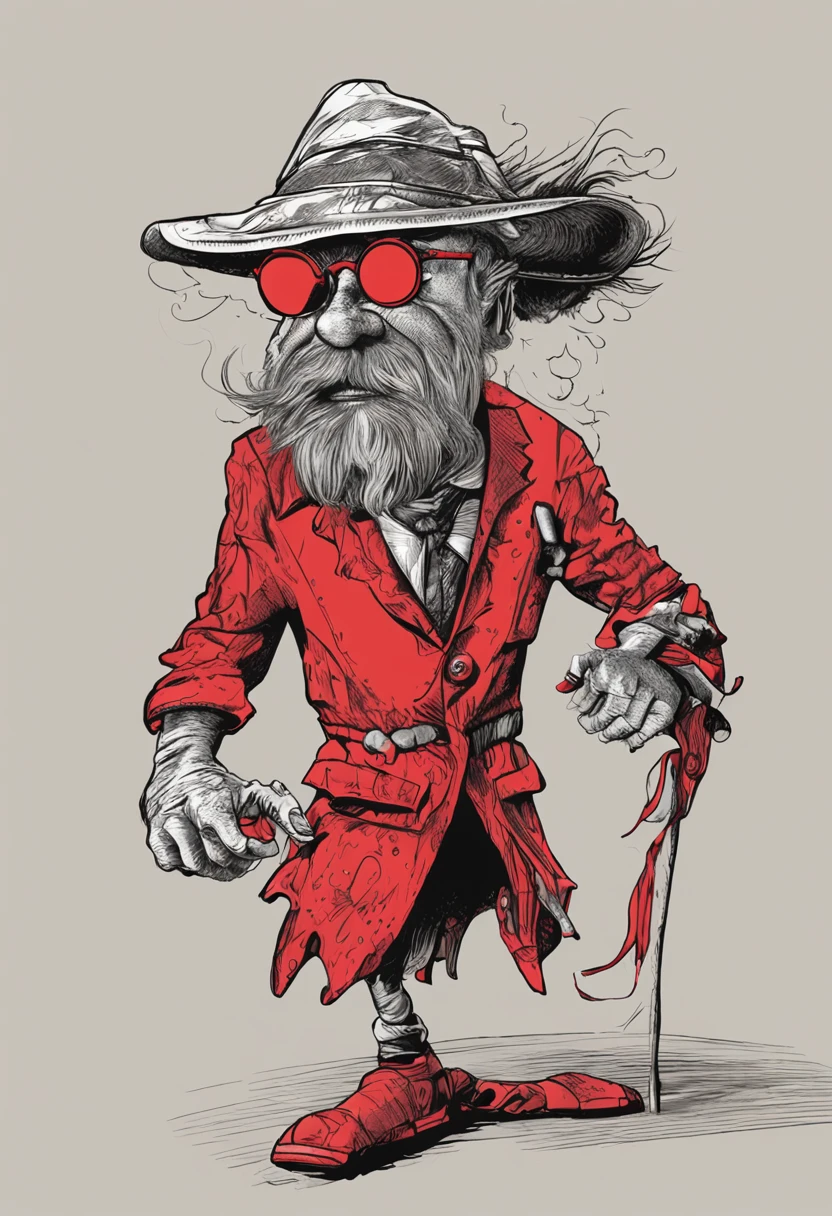 Please create an image of the 'Red Flag' anti-hero. He is a unique and eccentric character, known for his crazy and unpredictable personality. He wears a bright red outfit and has a red flag with abstract patterns in bright colors as a symbol. His special ability is the ability to create anything he can imagine by altering the reality around him. He has the ability to bring objects, creatures and settings to life from his creative mind. His fun and eccentric nature is reflected in his appearance and behavior. He is a mix of archetypes, being primarily the 'Madman' and the 'Wizard', with a unique approach to justice and a personality that brings a dose of humor to even the most serious of situations."