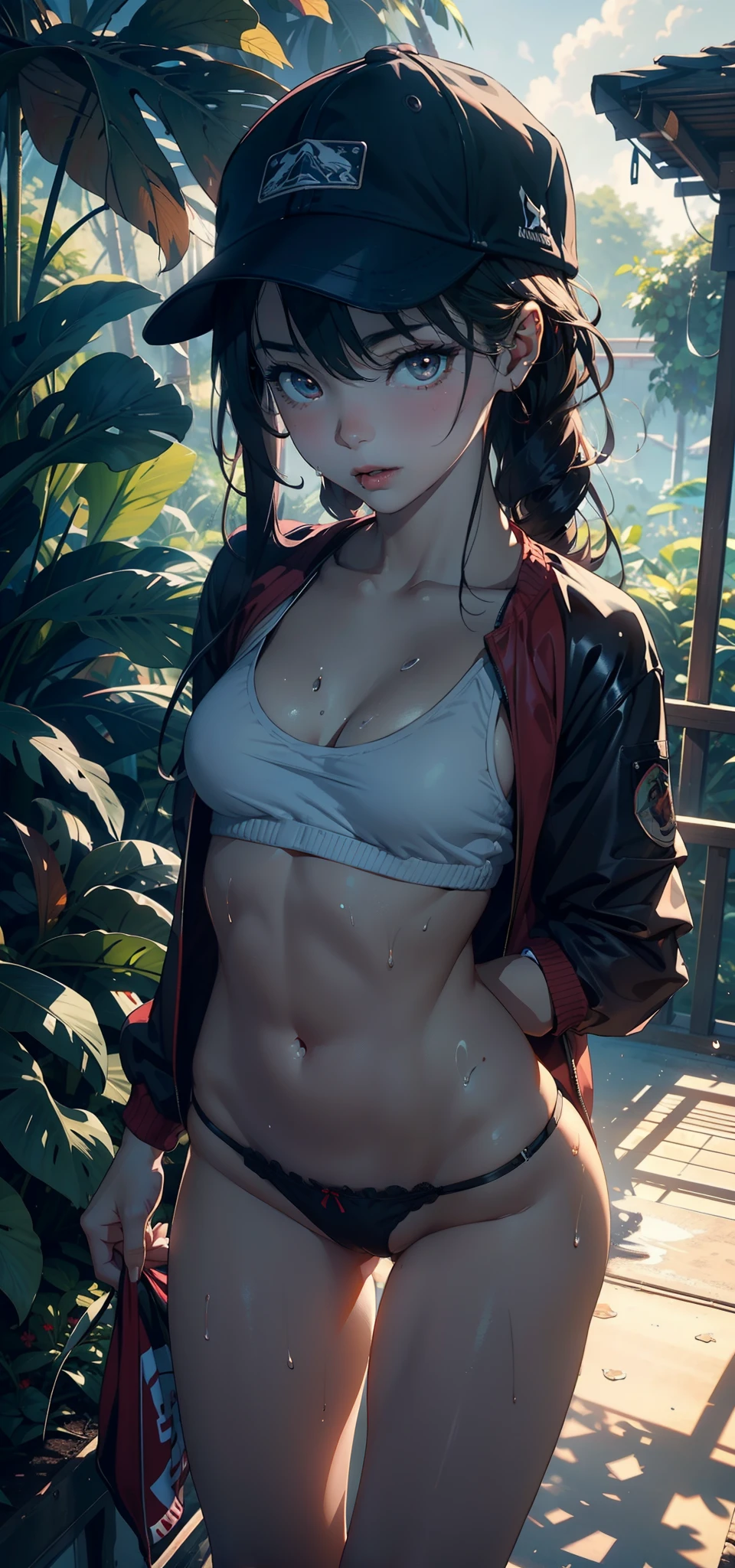 1female,yo,Small lo,bit l,Tiny breasts,Pornographic exposure, 独奏,(Background with:ln the forest,the rainforest,in summer) with his long black hair,standing on your feet,Sweat profusely,drenched all over the body,seen from the front, curlies, mostly cloudy sky,(((tmasterpiece),(Very detailed CG unity 8K wallpaper),best qualtiy,cinmatic lighting,detailed back ground,beatiful detailed eyes,Bright pupils,(Very fine and beautiful),(Beautiful and detailed eye description),ultra - detailed,tmasterpiece,)),facing at camera,A high resolution,ultra - detailed),revealing breasts,Bare genitalia, Raised underparts,Raised sexy,Camel toes,Flushed complexion,Open-mouthed,frontage,baseball cap(Wearing:Red baseball jacket,Black panty,)nakeness,