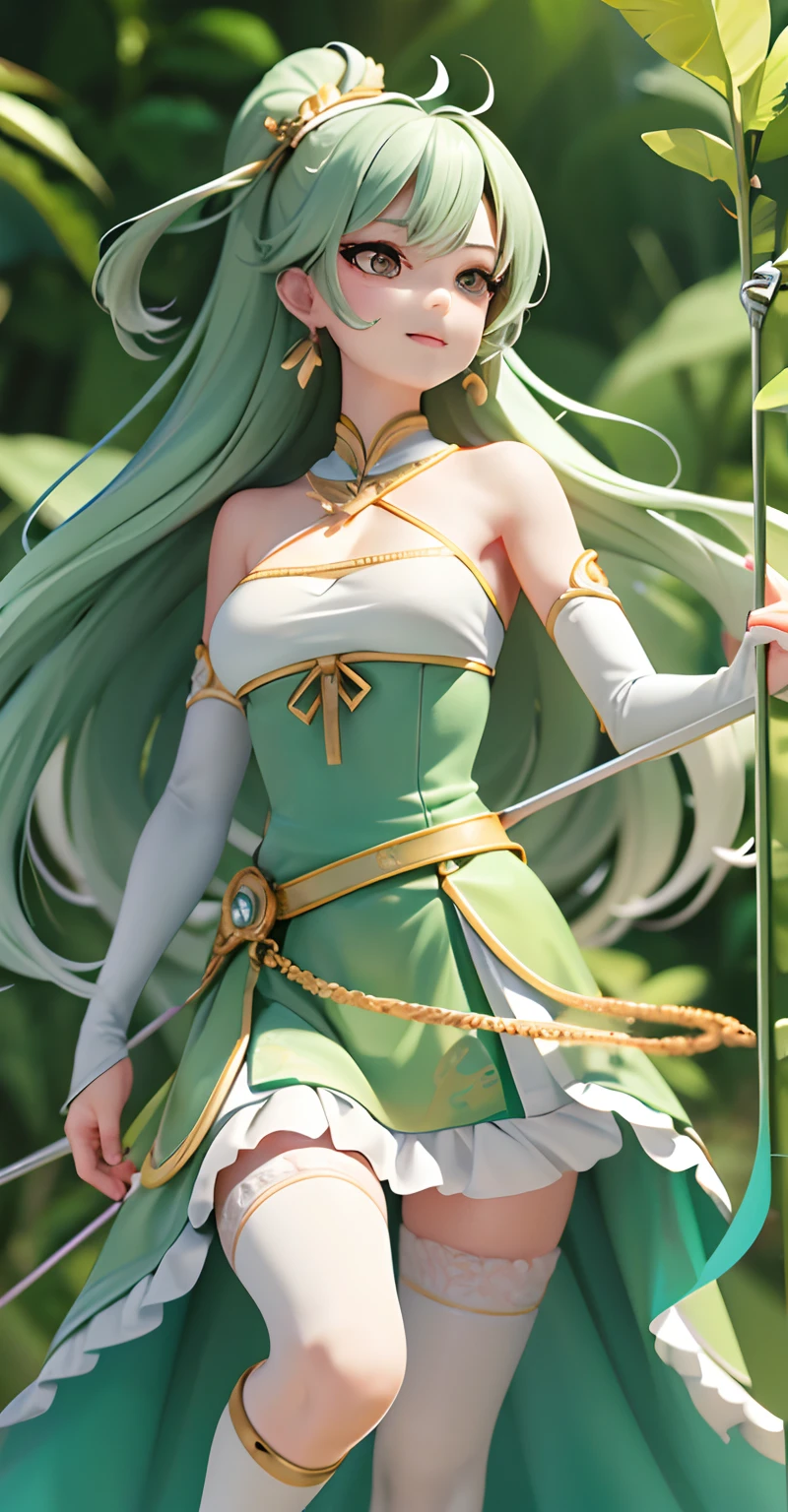 A woman who draws a bow and shoots arrows, grey long hair, ((((Head back, chest, standing on one leg, The other leg is bent)))), Wearing a green dress, The bandeau is shaped like a green leaf, Petal-shaped skirt, jungle backdrop, depth of fields, ultra-wide-angle, full body shot shot, Breast size is moderate, Delicate short bow, The arrow points to the lens, self-assured, courageous and resolute, With a smile, Play with expressions,(realisticlying), hyper HD, Masterpiece, ccurate, Anatomically correct, Textured skin, Super detail, High quality, High details, Best quality, A high resolution, 4K