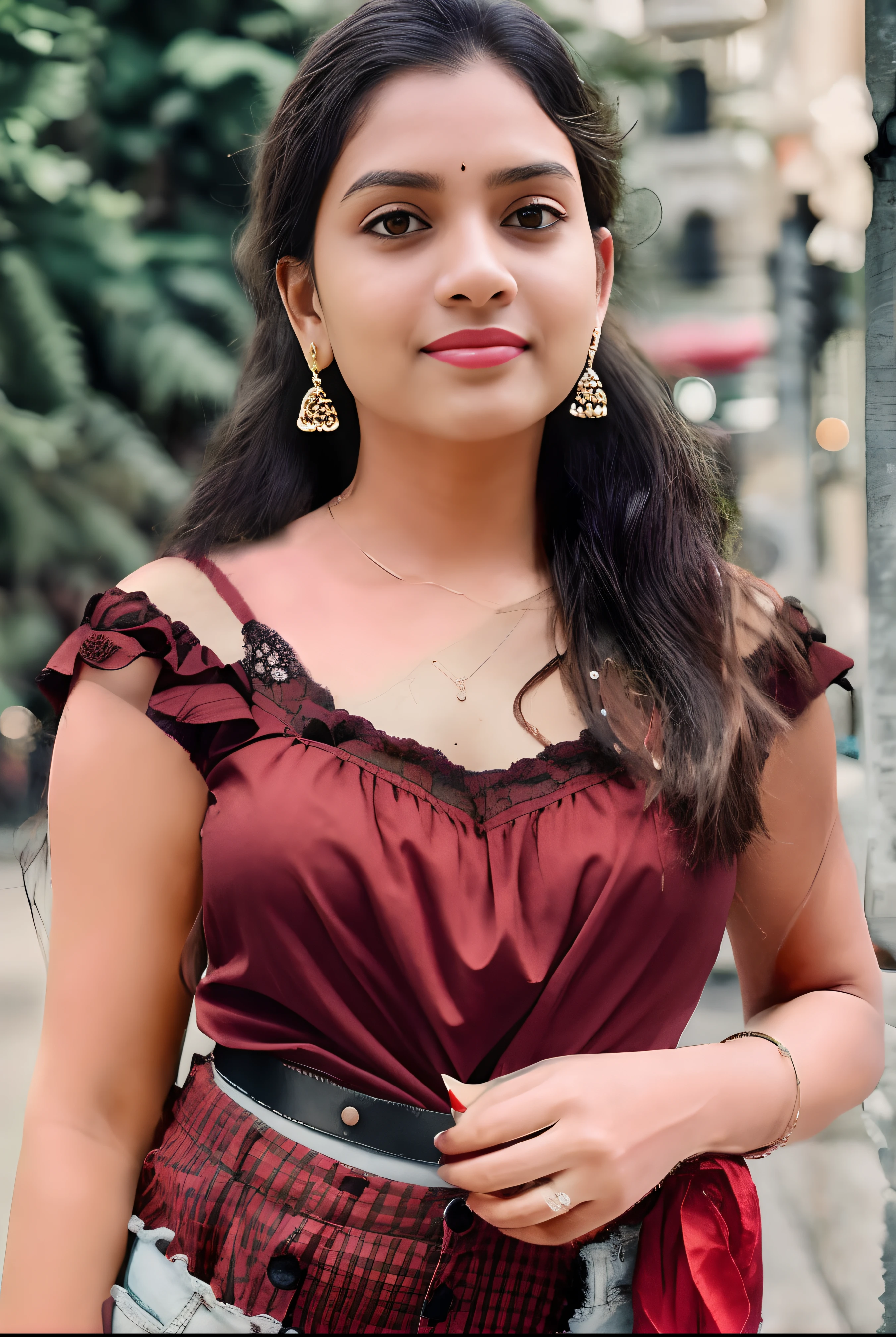 a close up of a woman in a red top and jeans, with lovely look, candid picture, very beautiful girl, candid photograph, indian girl with brown skin, traditional beauty, a beautiful young woman, candid photo, with a seductive smile, a cute young woman, very attractive and beautiful, young and cute girl, beautiful pretty young, cute beautiful