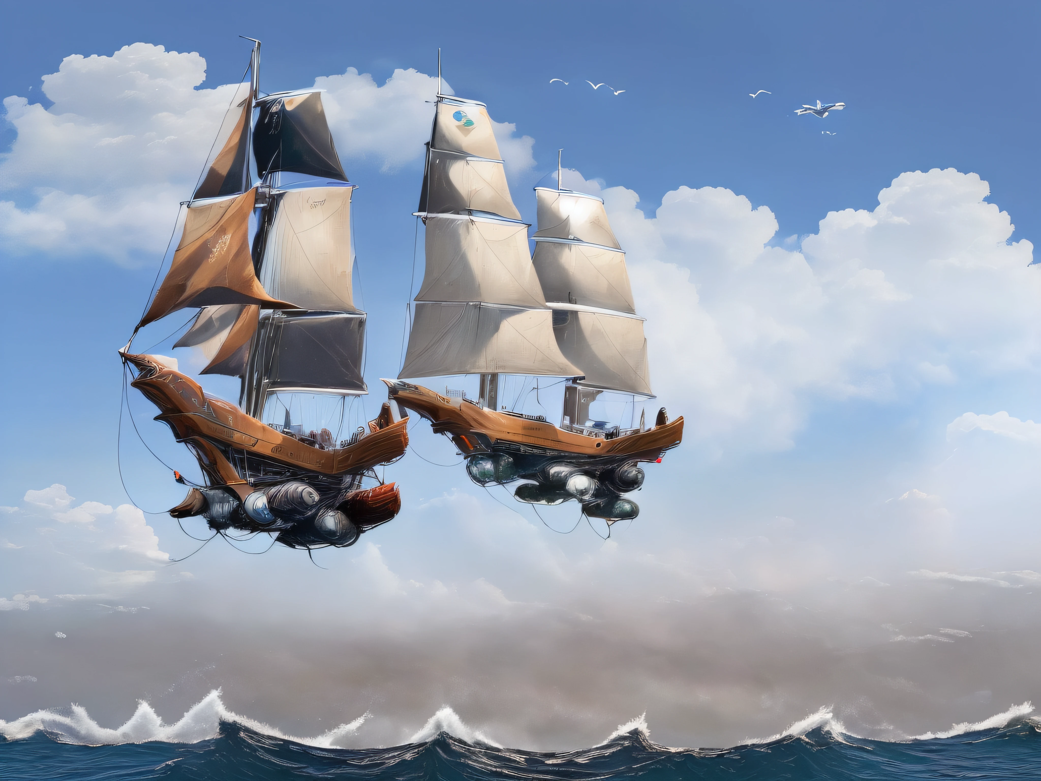Hermoso barco de vela futurista volando entre nubes multicolores y gaviotas y abajo el mar esmeralda embravecido con enormes olas amenazantes intentan atrapar al barco