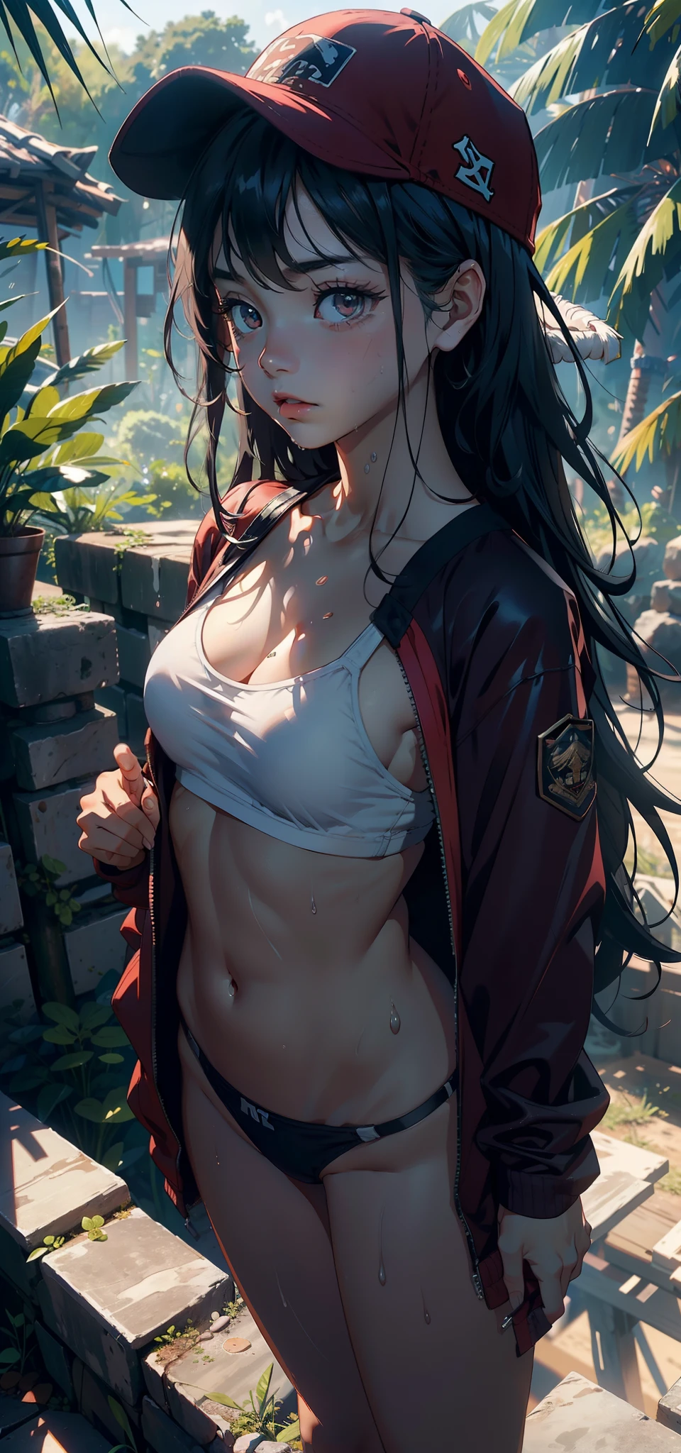 1female,yo,Small lo,bit l,Tiny breasts,Pornographic exposure, 独奏,(Background with:ln the forest,the rainforest,in summer) with his long black hair,standing on your feet,Sweat profusely,drenched all over the body,seen from the front, curlies, mostly cloudy sky,(((tmasterpiece),(Very detailed CG unity 8K wallpaper),best qualtiy,cinmatic lighting,detailed back ground,beatiful detailed eyes,Bright pupils,(Very fine and beautiful),(Beautiful and detailed eye description),ultra - detailed,tmasterpiece,)),facing at camera,A high resolution,ultra - detailed),revealing breasts,Bare genitalia, Raised underparts,Raised sexy,Camel toes,Flushed complexion,Open-mouthed,frontage,baseball cap(Wearing:Red baseball jacket,Black panty,)nakeness,