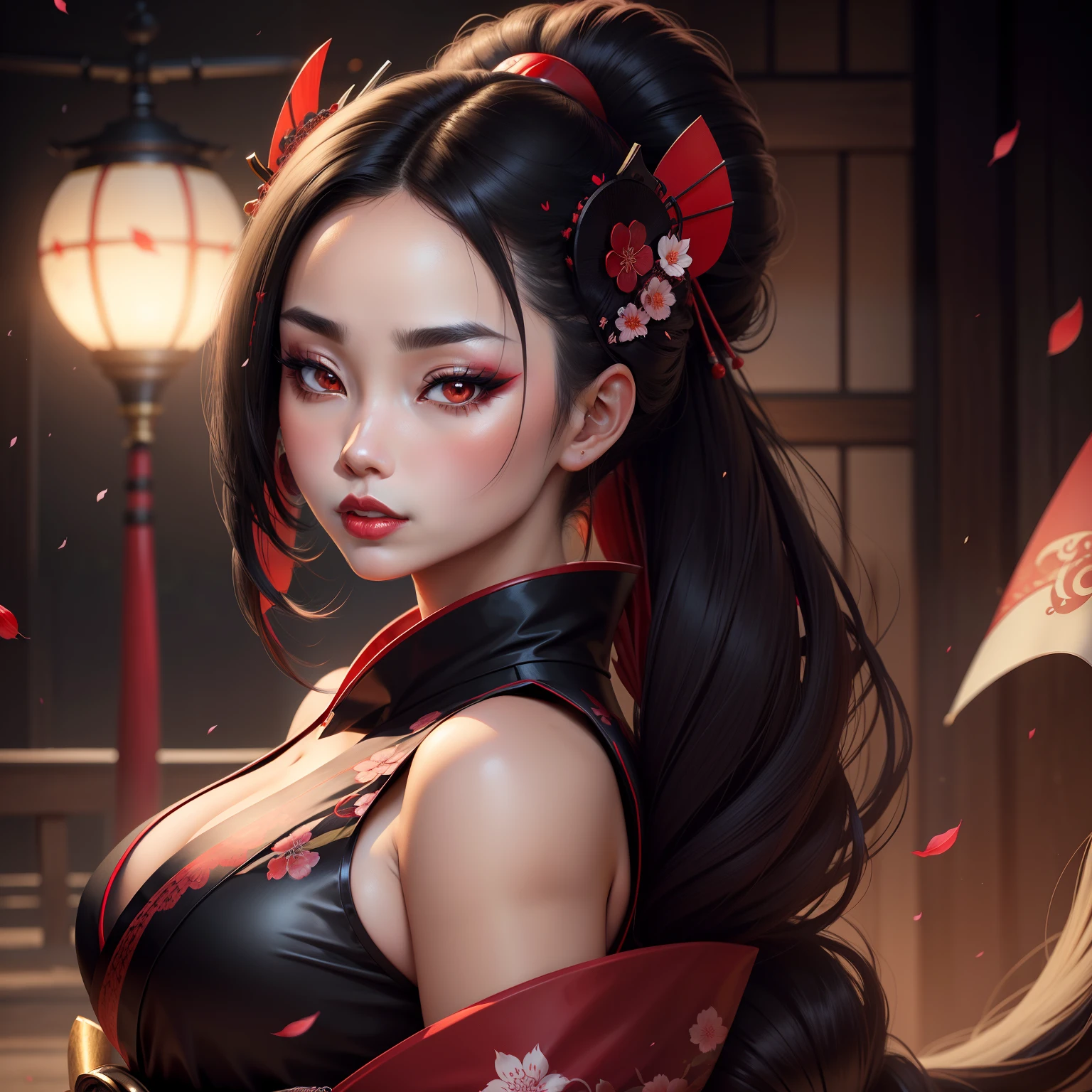 female character with long black hair tied in a ponytail with a red ribbon, red, black and gold oriental clothing, character Hanabi from the game mobile legends  