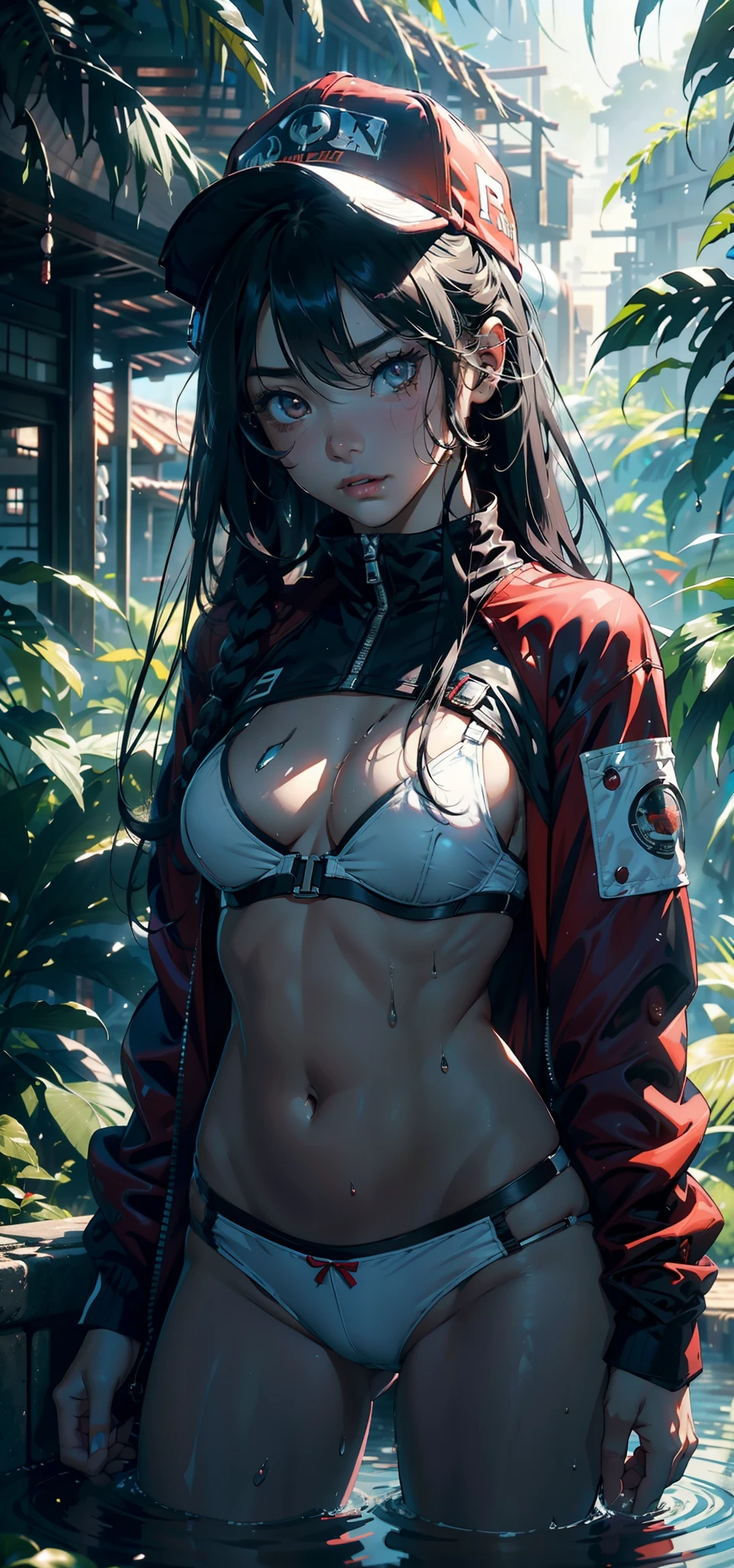 1female,,bit girl,super adorable,smallunderboob ,Pornographic exposure, 独奏,(Background with:hilltop,the rainforest,in summer,Standing water on the ground,exteriors) Feel free to hairstyle,Stride,Sweat profusely,drenched all over the body,seen from the front,Long black hair , mostly cloudy sky,(((tmasterpiece),(Very detailed CG unity 8K wallpaper),best qualtiy,cinmatic lighting,detailed back ground,beatiful detailed eyes,Bright pupils,(Very fine and beautiful),(Beautiful and detailed eye description),ultra - detailed,tmasterpiece,)),facing at camera,A high resolution,ultra - detailed)There is a robotic arm,cyber punk style,nakeness,with no underpants,revealing breasts,Bare genitalia, Bulge,Camel toes,Raised sexy,Lewd expression,Flushed complexion,Open-mouthed,frontage,elementary student(Wearing:Red baseball jacket,a white bikini,baseball cap)