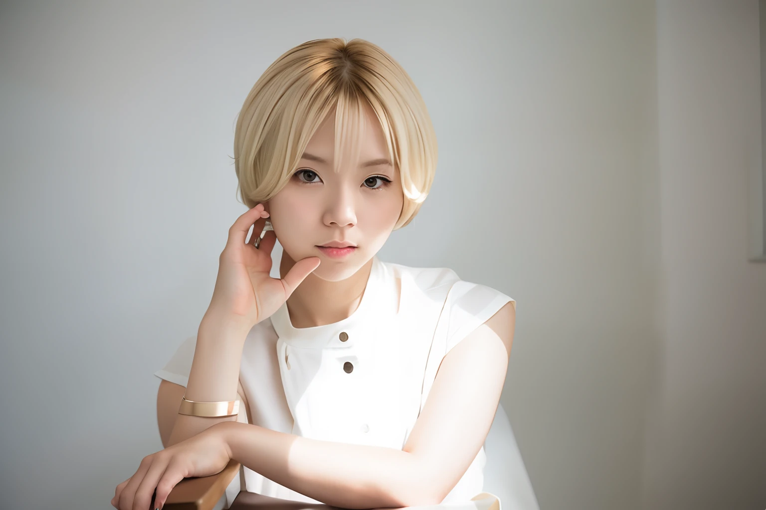 Blonde woman with short hair sitting on chair with hand on chin, With short hair, portrait a woman like reol, chiho, white hime cut hairstyle, with a bob cut, hime-cut, taken with canon 8 0 d, taken with a canon eos 5 d, photo shot, taken with a canon eos 5d, taken with a canon eos 5 d