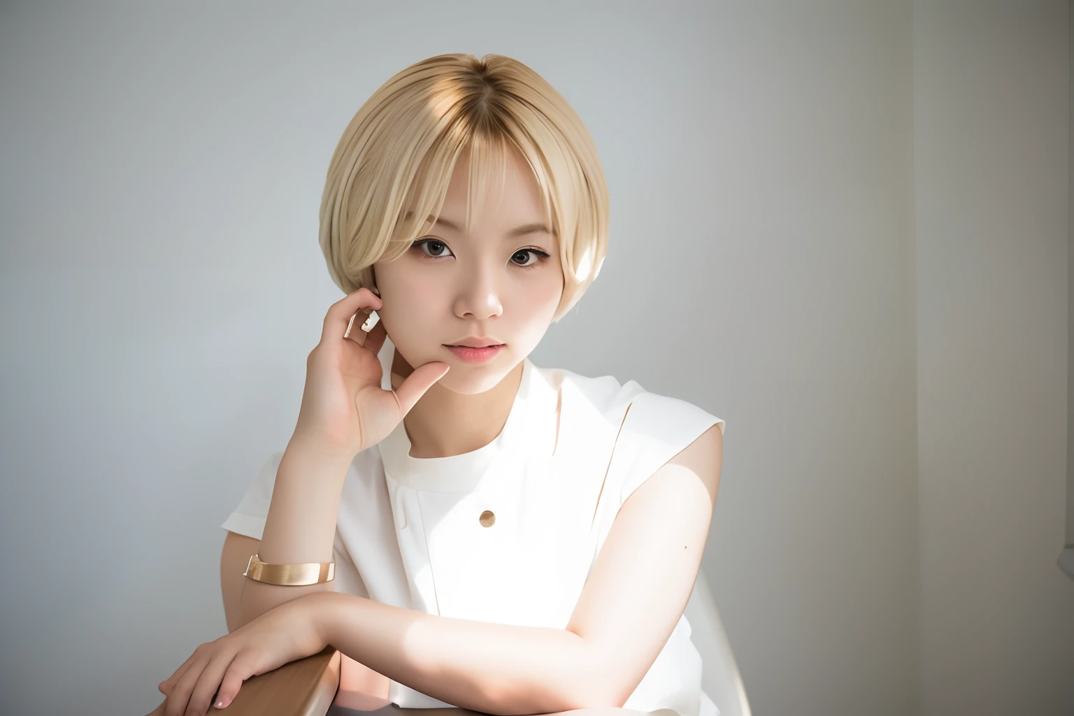 Blonde woman with short hair sitting on chair with hand on chin, With short hair, portrait a woman like reol, chiho, white hime cut hairstyle, with a bob cut, hime-cut, taken with canon 8 0 d, taken with a canon eos 5 d, photo shot, taken with a canon eos 5d, taken with a canon eos 5 d