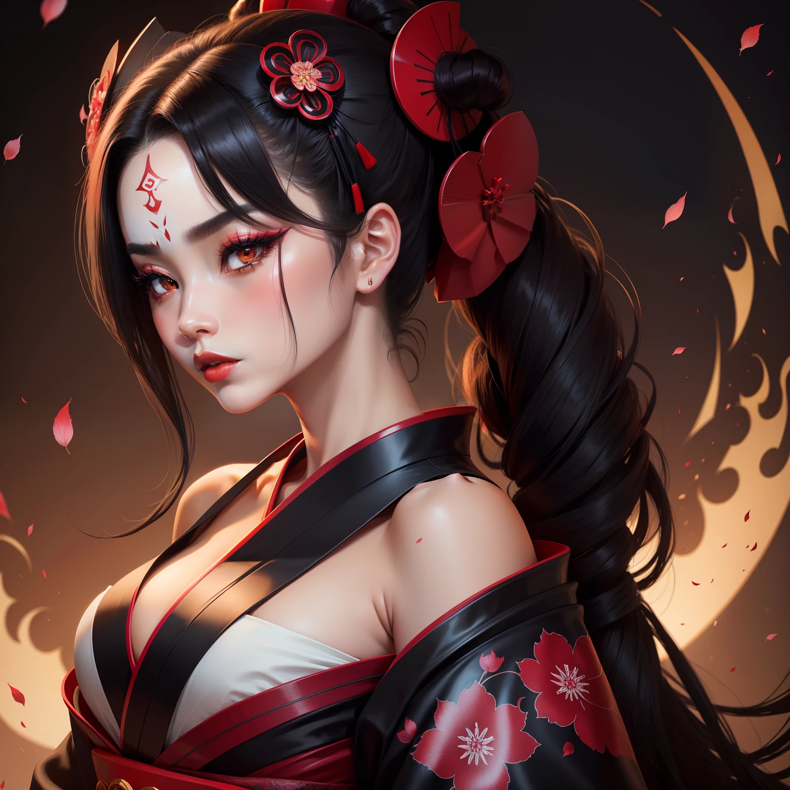 Seductive geisha, wear black kimono, black hair, red moon, dark brown skin complexion, cherry blossom on hair, 4k, almond eyes, big lip, logo, heart shape face, face fuller, sexy hair tied up, black eyes, dark red lipstick, female samurai warrior, swords, wider nose