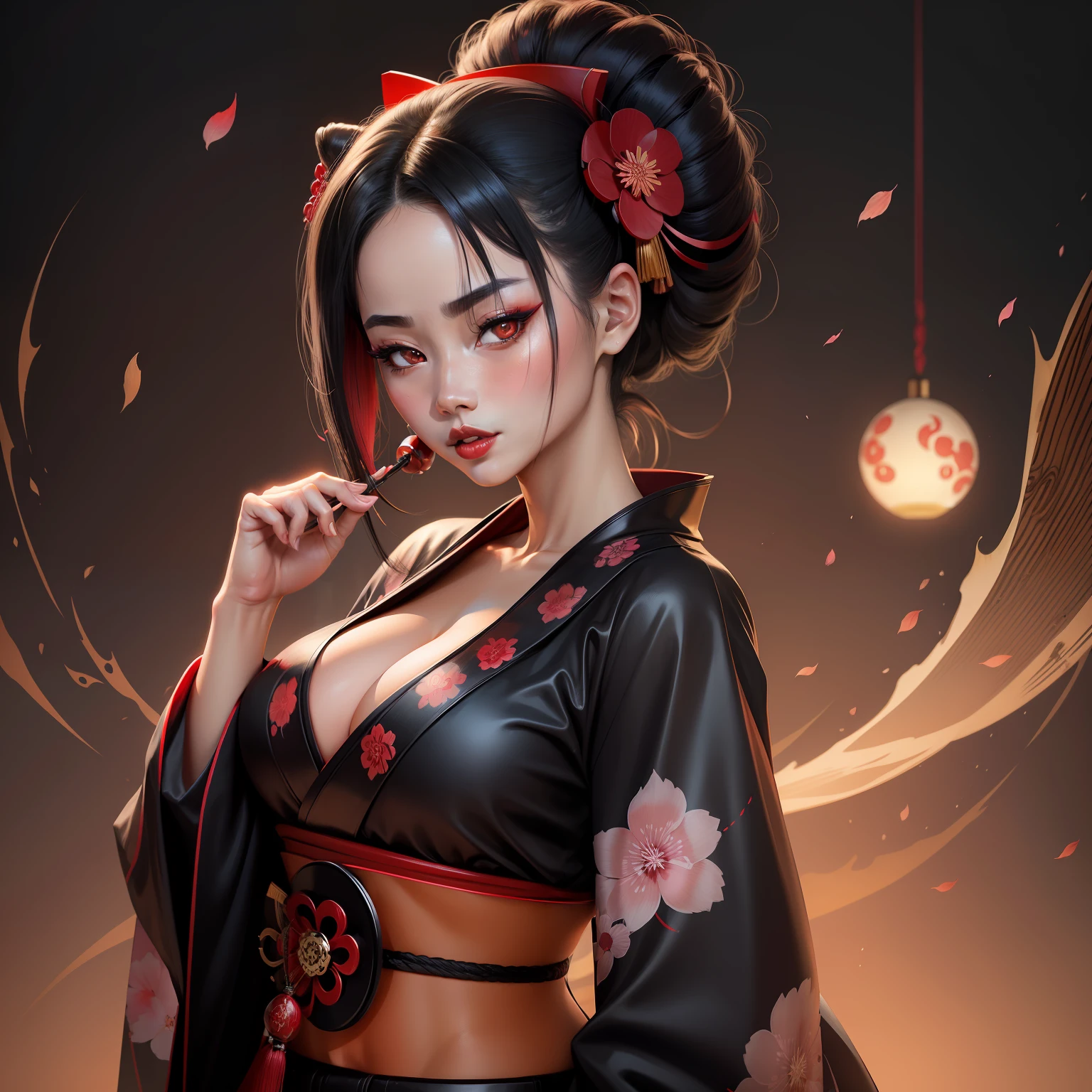 Seductive geisha, wear black kimono, black hair, red moon, dark brown skin complexion, cherry blossom on hair, 4k, almond eyes, big lip, logo, heart shape face, face fuller, sexy hair tied up, black eyes, dark red lipstick, female samurai warrior, swords, wider nose