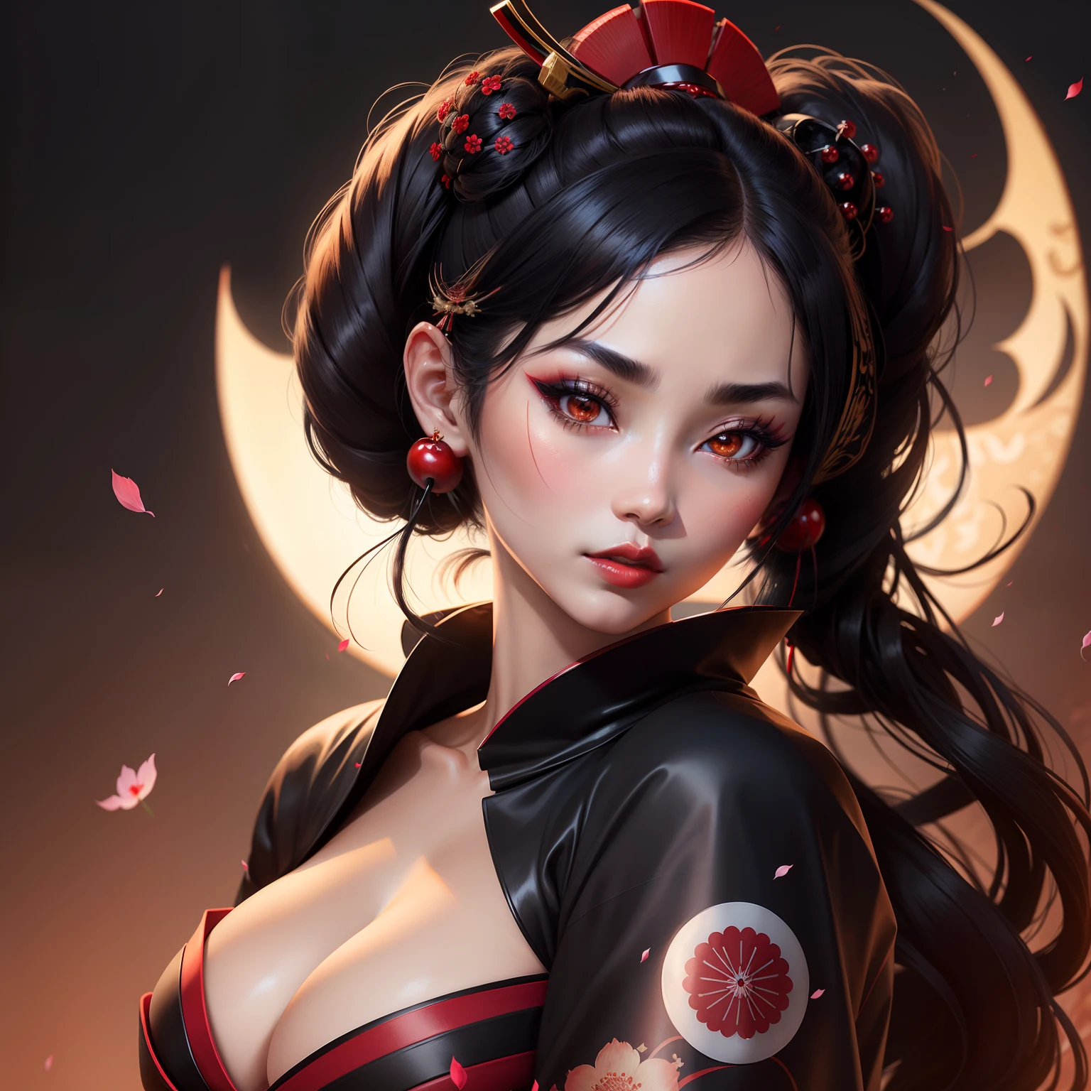 Seductive geisha, wear black kimono, black hair, red moon, dark brown skin complexion, cherry blossom on hair, 4k, almond eyes, big lip, logo, heart shape face, face fuller, sexy hair tied up, black eyes, dark red lipstick, female samurai warrior, swords, wider nose