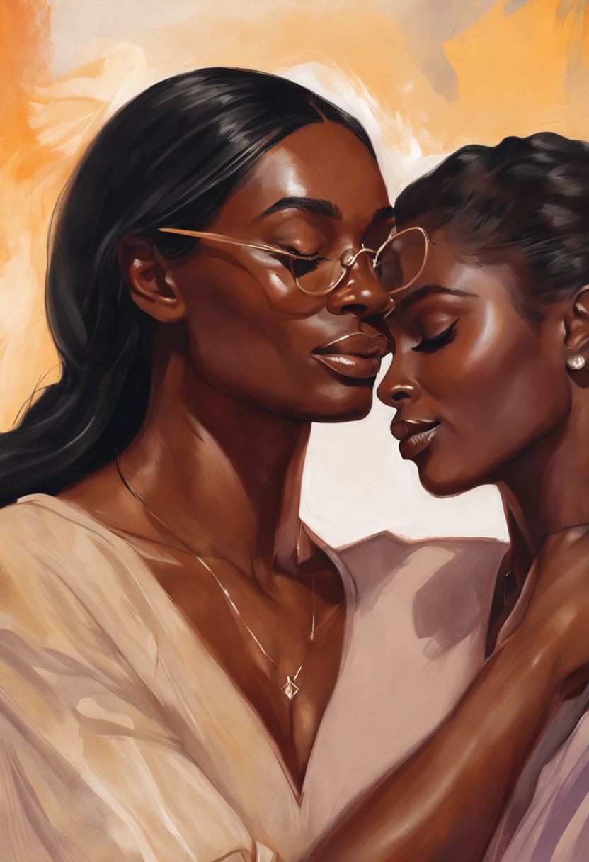Drawing of a gorgeous black man and a brunette black woman with medium straight hair and wears glasses, detalhamento manual, detalhamento do dedo, detalhamento facial, sentado na cama, Charlie Bowater e Artgeem, He holds her in his arms, Enquanto ela dorme, inspirado em Magali Villeneuve, Edmund Blair e Charlie Bauer, capa de romance, cover illustration, Farnrun, arte publicada, Commission for High Res, fanart detalhado, Melodrama Fantasia, inacabado