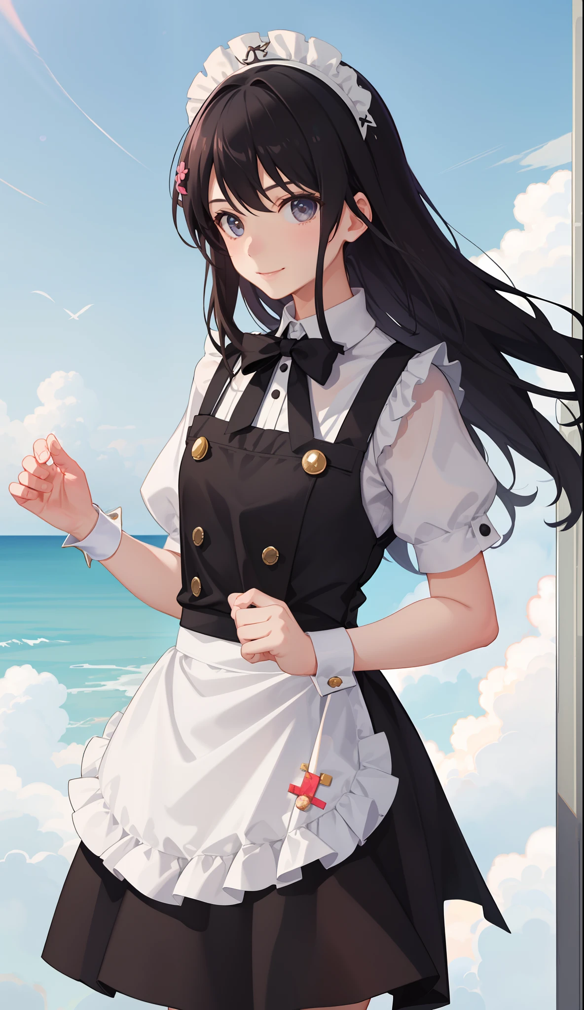 1girl in、A smile、A delightful! The shirt、skirt by the、(small tits)pinafore、doress、hair adornments、(Maids)、run!Spring breeze、