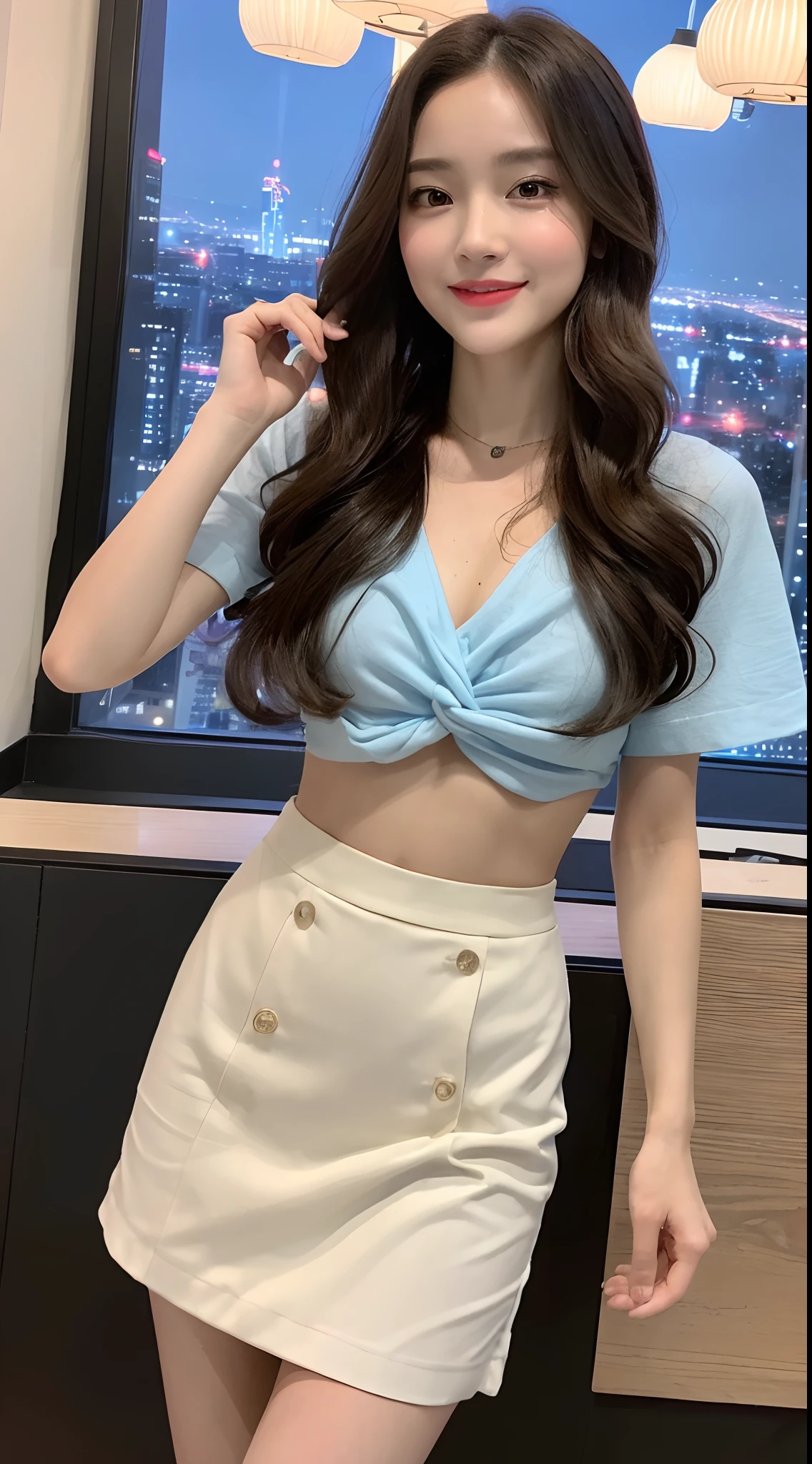((Best picture quality, 8K, tmasterpiece:1.3)), 1girll, Beautiful woman with slender abs:1.3, (Hairstyle waves,Does not leak neutral chest),long skirt:1.1, Ultra-fine face,mesmerizing eyes, 二重まぶた,attractive smile,city night scene,Holding a cute rag doll,