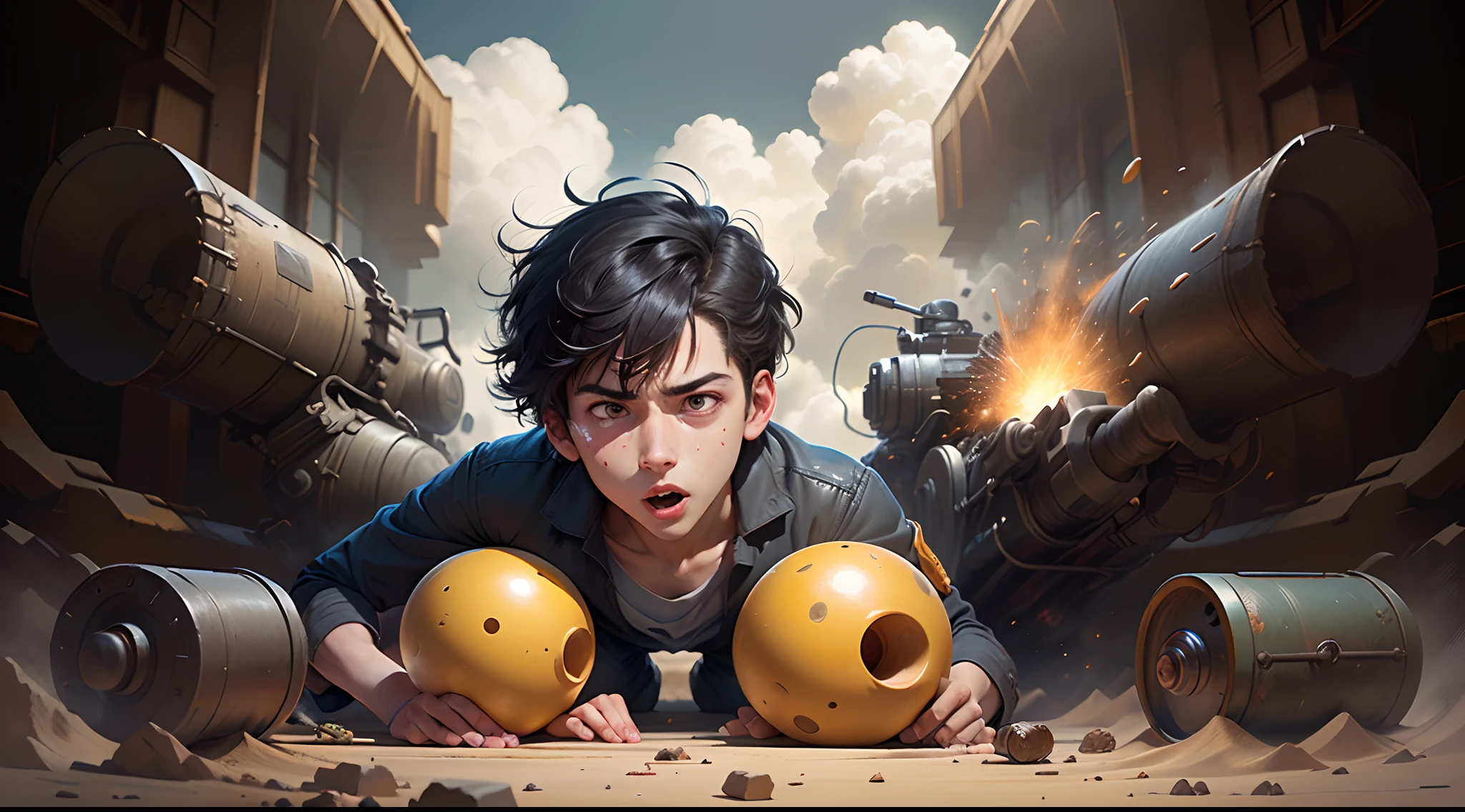 Cartoon vignettes, main character a young boy with black hair, funny atmosphere. Scene, percy Jackson get explode a school bus with cannon ball