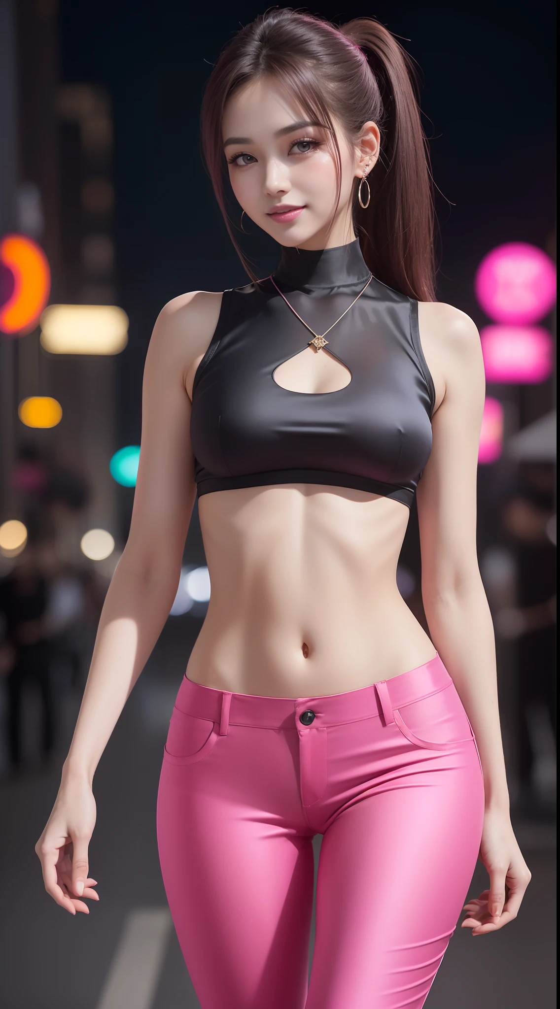 8k, masterpiece, RAW photo, best quality, photorealistic, extremely detailed CG unity 8k wallpaper, Depth of field, Cinematic Light, Lens Flare, Ray tracing, (extremely beautiful face, beautiful lips, beautiful eyes), intricate detail face, ((ultra detailed skin)) 1girl, in the dark, deep shadow, pretty korean girl, kpop idol, 1 girl, (very slim slender fit-muscled body:1.3), ((looking at viewer)),(big smile:1.3), (tight laced blouse), (hot pink color blouse), (sleeveless) , (fashion city night, dark night, (neon sign), (blurred background), fashion street night),(without people in the background:1.3), beautiful earrings, bracelets, necklace, pantyhose, clear eyes, (pale skin), (big eyes), face forward, ((upper body shot)), ((silk hot pink color pants:1.3)),(brown hairs),((tight fitting silk pants)), (looking at viewer:1.3) open breast, very slim, medium breasts, turning back, back shot, see through, transparent pants, pony tail, updo hair