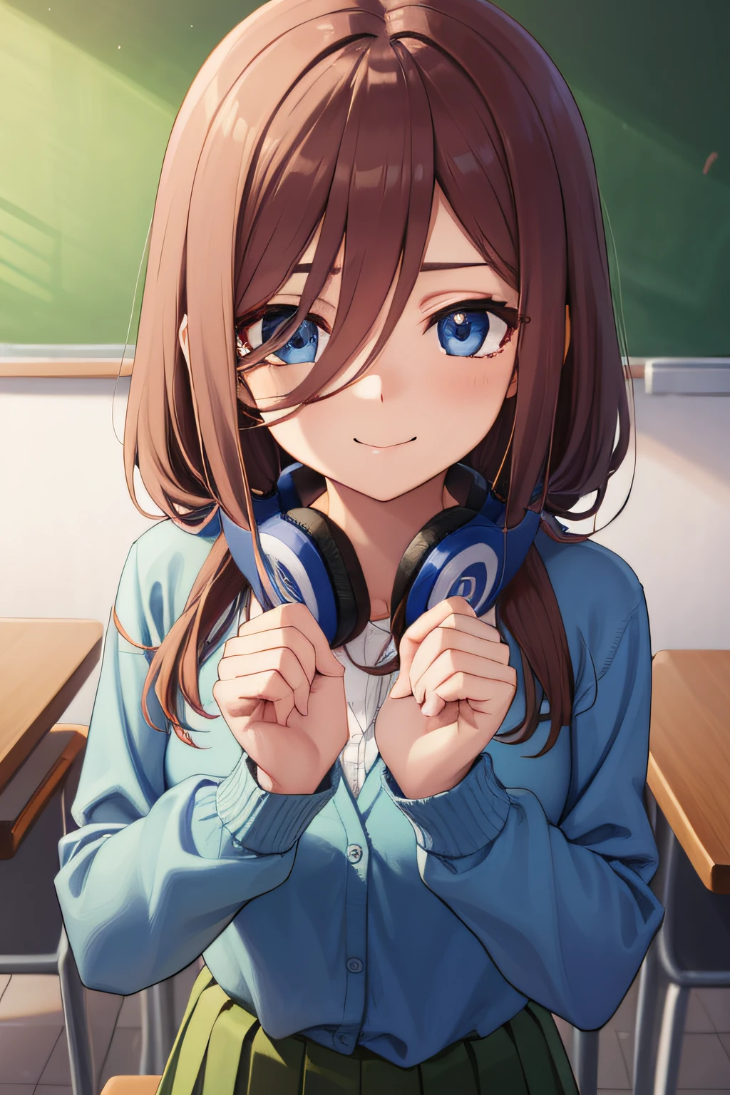 mikunakano, miku nakano, smile, long hair, bangs, blue eyes, brown hair, shirt, hair between eyes, headphones, cardigan, headphones around neck, BREAK skirt, shirt, long sleeves, white shirt, pantyhose, pleated skirt, black pantyhose, cardigan, green skirt, blue cardigan, BREAK indoors, classroom, BREAK looking at viewer, BREAK (masterpiece:1.2), best quality, high resolution, unity 8k wallpaper, (illustration:0.8), (beautiful detailed eyes:1.6), extremely detailed face, perfect lighting, extremely detailed CG, (perfect hands, perfect anatomy),