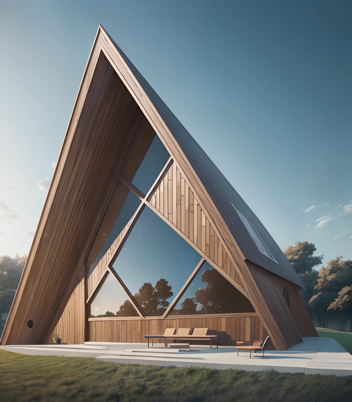 exterior of a triangular chapel by Elizabeth Diller and Amanda Levete, intricate detail, photorealism, 4k --auto --s2