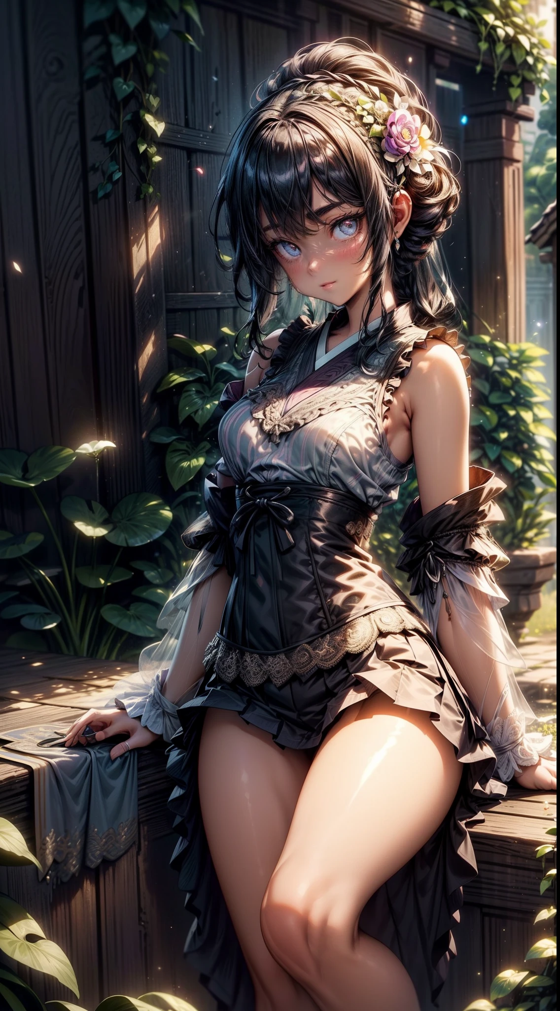 peasant girl, 1girl, perfect and well designed eyes, (beautiful detailed eyes:1.05), natural breasts, slim body, delicate face, fair skin, detailed skin, realistic skin, medium length hair, hair voluminous, super high resolution, 8k, parameters Best quality, (masterpiece:1.4), (magic accessories:1.4), extremely detailed [[[{silk|lycra}:lacy:0.3]:{silk|latex}:0.6]:feather:0.9] ({((pleated skirt)+shirt)|(mini night robe, kimono)|(crochet tank crop top, sleeveless bra corset, bralette)},{skirt dress|summer minidress|evening minidress|wedding minidress}), neckline, ultra detailed, photorealistic, (best quality:1.4), super high resolution, (Realistic 1.4), More details, (portrait, full body), (((1girl))), (witchcraft:1.1), magic energy flows and sparkles, {(castle, stronghold) city|hills|(vegetation fields with village on background:1.0)}, (beautiful and aesthetic:1.2), (fractal art:1.4), (cinematic light:1.1), 16K, HDR, RTX, Ray Tracing, Radiosity, Anisotropic Filtering, Subsurface Scattering, metallic reflections, vibrant colors