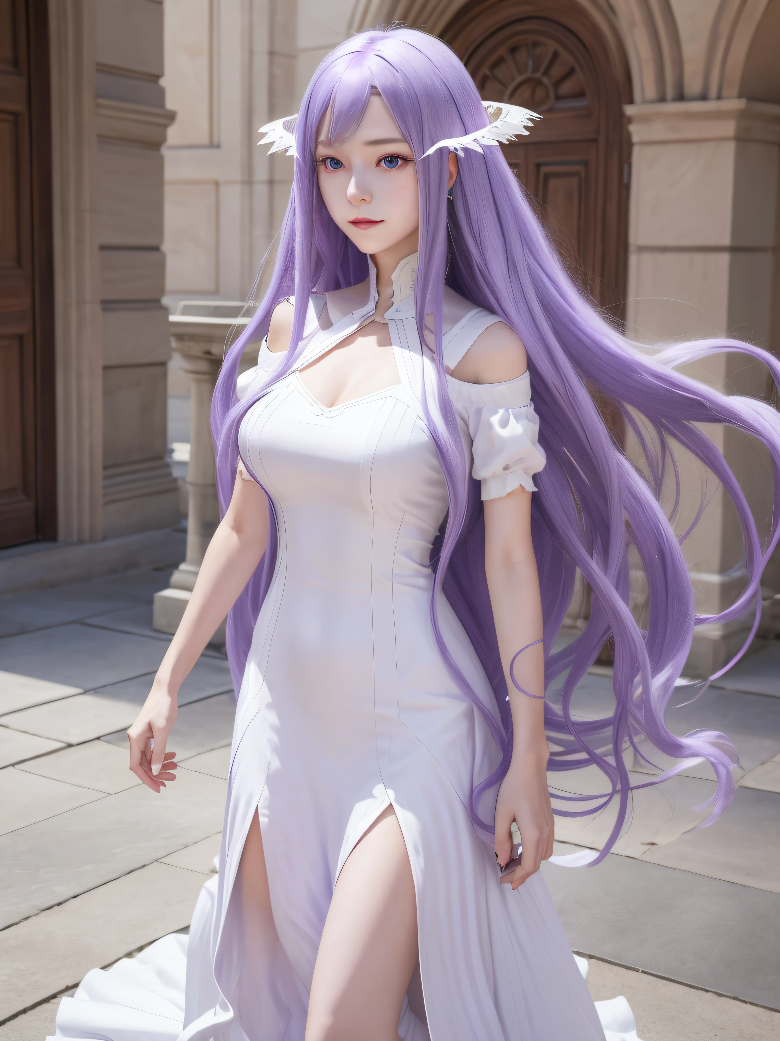 masterpiece, best quality, highres. 1girl, solo, very long hair, light purple hair, swept bangs, purple eyes, white dress, long dress, floating hair, short sleeves, large breasts, castle, standing,