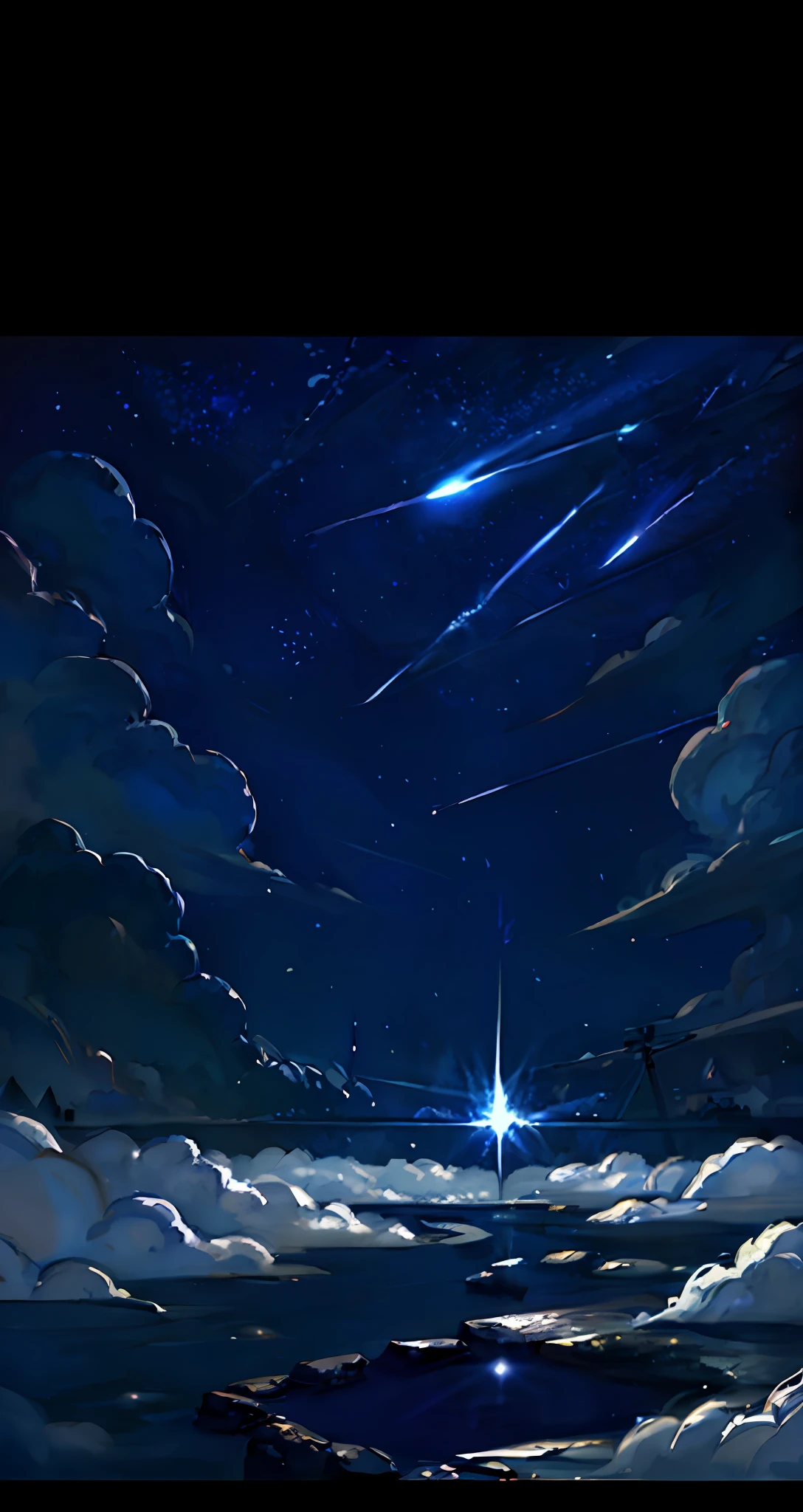 Mobile desktop wallpaper,Shining starry sky,Bright moon,Fluttering light clouds,Shine meteors,Aesthetic painting,Awesome composition,Concise images,Dark style,Excellent color combination,small stream