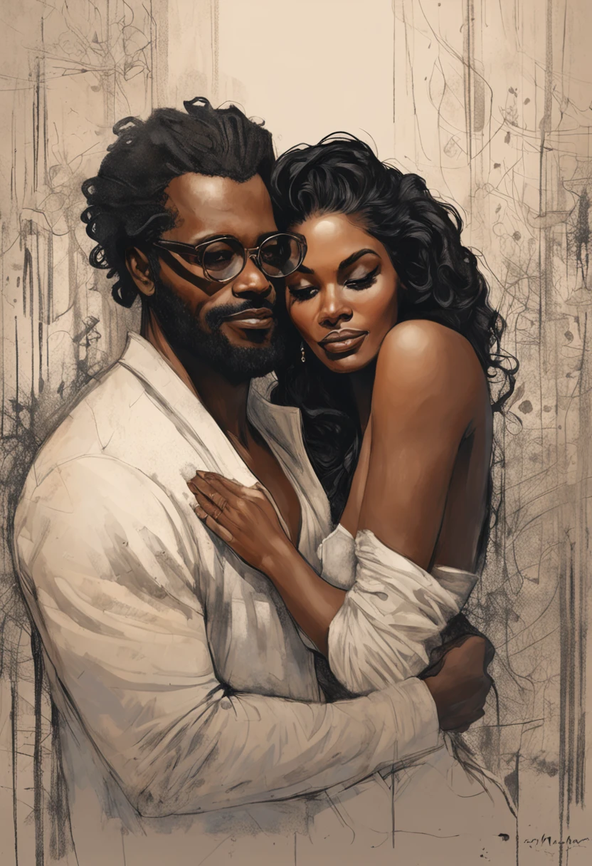 Desenho de um homem negro moreno lindo e uma mulher negra morena com cabelo curto lisado que usa oculos, detalhamento manual, detalhamento do dedo, detalhamento facial, sentado na cama, Charlie Bowater e Artgeem, He holds her in his arms, Enquanto ela dorme, inspirado em Magali Villeneuve, Edmund Blair e Charlie Bauer, capa de romance, cover illustration, Farnrun, arte publicada, Commission for High Res, fanart detalhado, Melodrama Fantasia, inacabado