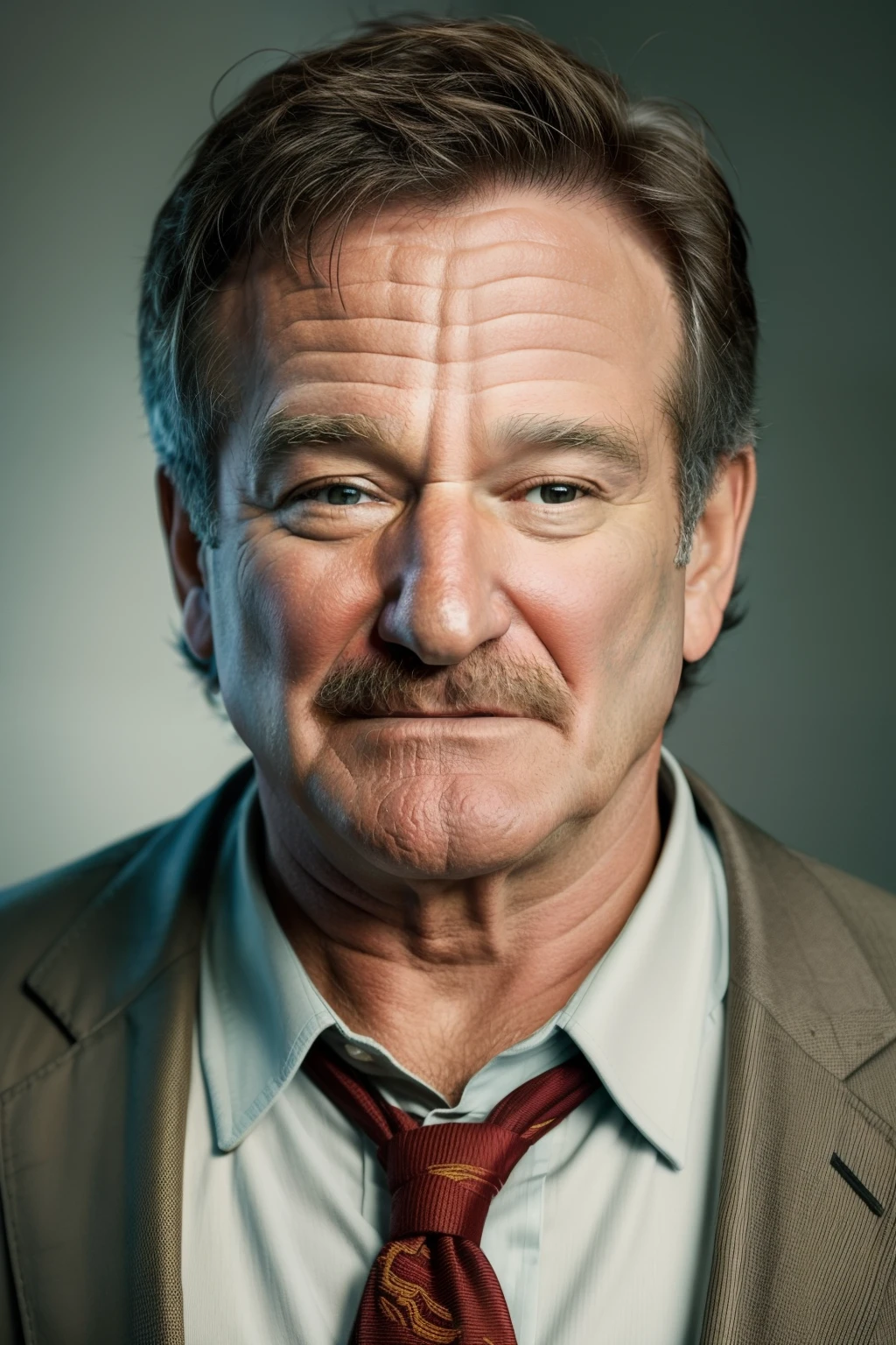 Ilustrar uma imagem cativante de Robin Williams, capturing the essence of his character 'Society of Dead Poets'. Vesti-lo com camisa e gravata, and portray him with an enthusiastic and inspiring Bright look, warm lighting that accentuates Robin Williams' features and illuminates his inspiring expression Capture Robin Williams in a close-up photo, enfatizando seu rosto e parte superior do corpo. Position the camera at eye level to connect the viewer with your enthusiasm and passion ::n_Gerar uma imagem de Robin Williams como seu personagem, but it lacks the enthusiasm and inspiring aura that he embodies in 'Dead Poets Society