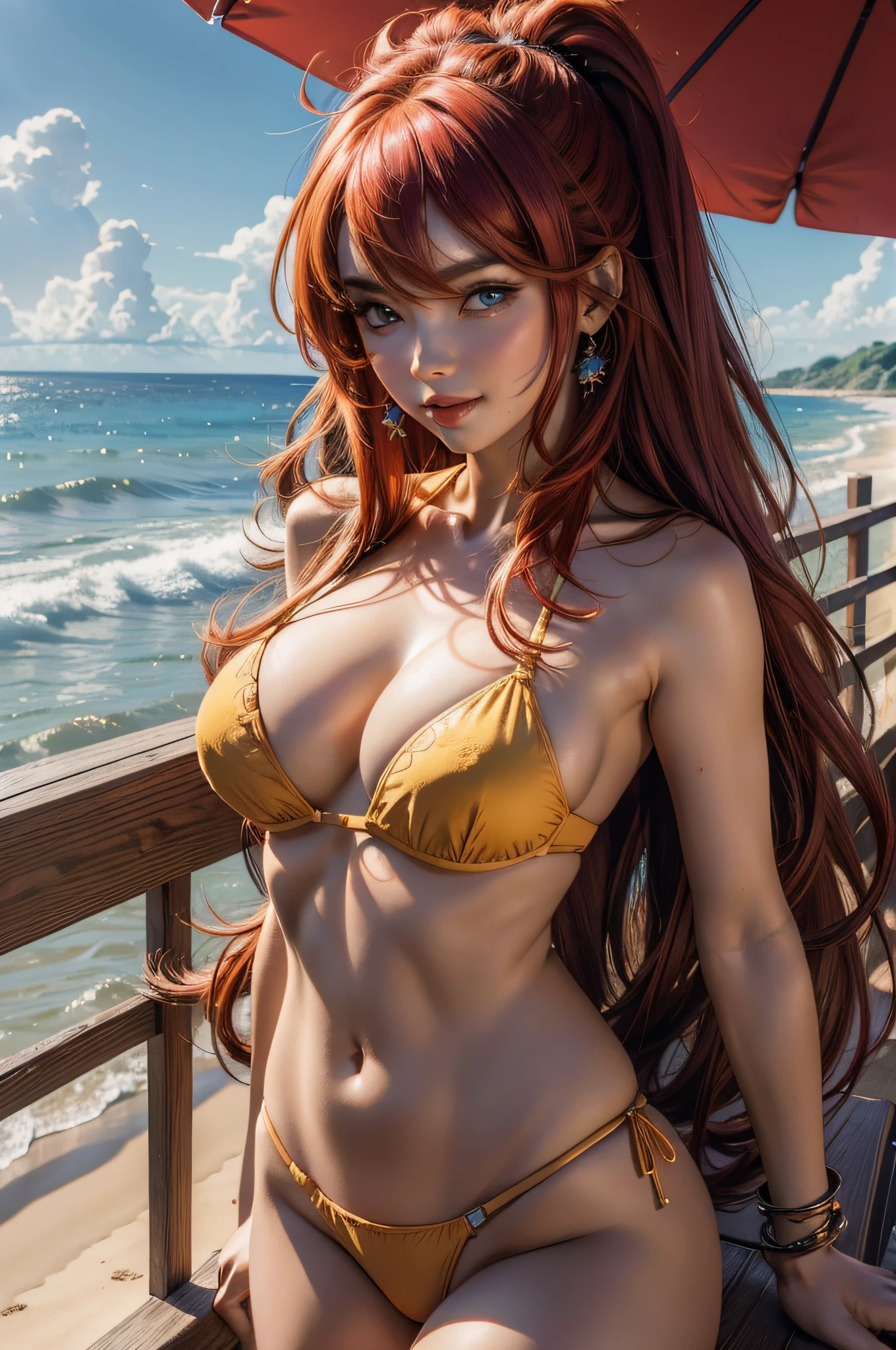 masterpiece, best quality, highres, best quality, highres, rias gremory, 1girl, long hair, micro red binki, red hair, ahoge, blue eyes, large breasts, very long hair, breasts, huge ahoge, beach , strong pose, bikni, beach , modern fashion, yellow bra, smile, (masterpiece: 1.5) (photorealistic: 1.1) (bokeh) (best quality) (detailed skin texture pores hair: 1.1) (intricate) (8k) (HDR) (wallpaper) (cinematic lighting) (sharp focus )