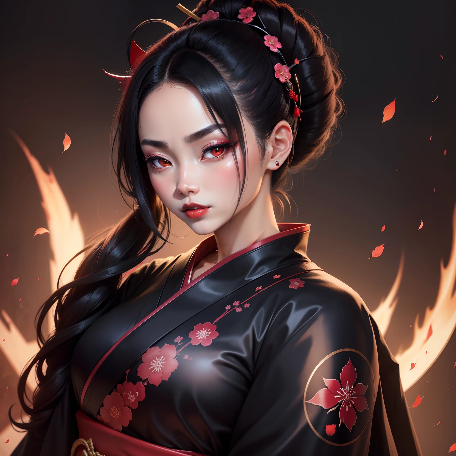 Seductive geisha, wear black kimono, black hair, red moon, dark skin complexion, cherry blossom on hair, 4k, almond eyes, big lip, logo, heart shape face, face fuller, sexy hair tied up, black eyes, dark red lipstick, female samurai warrior, swords, face shots, head shots