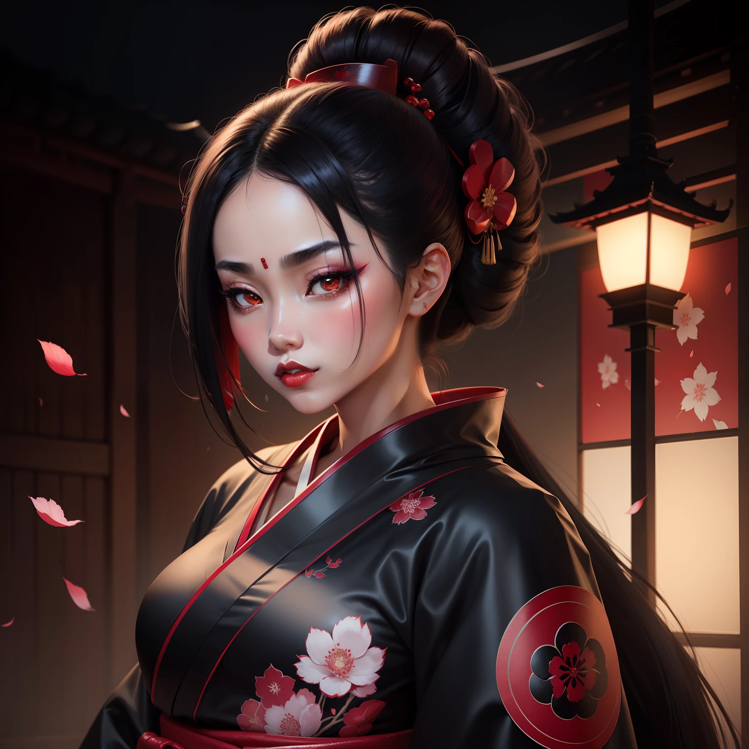 Seductive geisha, wear black kimono, black hair, red moon, dark skin complexion, cherry blossom on hair, 4k, almond eyes, big lip, logo, heart shape face, face fuller, sexy hair tied up, black eyes, dark red lipstick, female samurai warrior, swords, wider nose