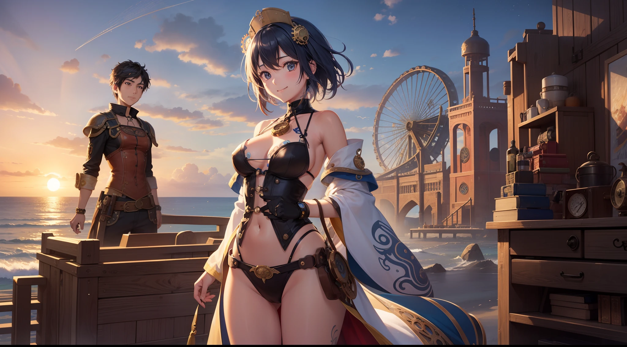 the beach、steampunc、gear wheel, Clocks and plumbing、夏天、Beautiful woman、Steampunk colorful swimsuit、Midday Sun、steams、Large space、high sky、clouds、intricate illustrations、Overwhelming drawing、Smooth depiction、Countless gear and watch decorations、Sheer sunlight、Beautiful eyes drawn down to the smallest detail、perfectly proportions、Balance of the whole body、A smile、zoomout、ink drops、