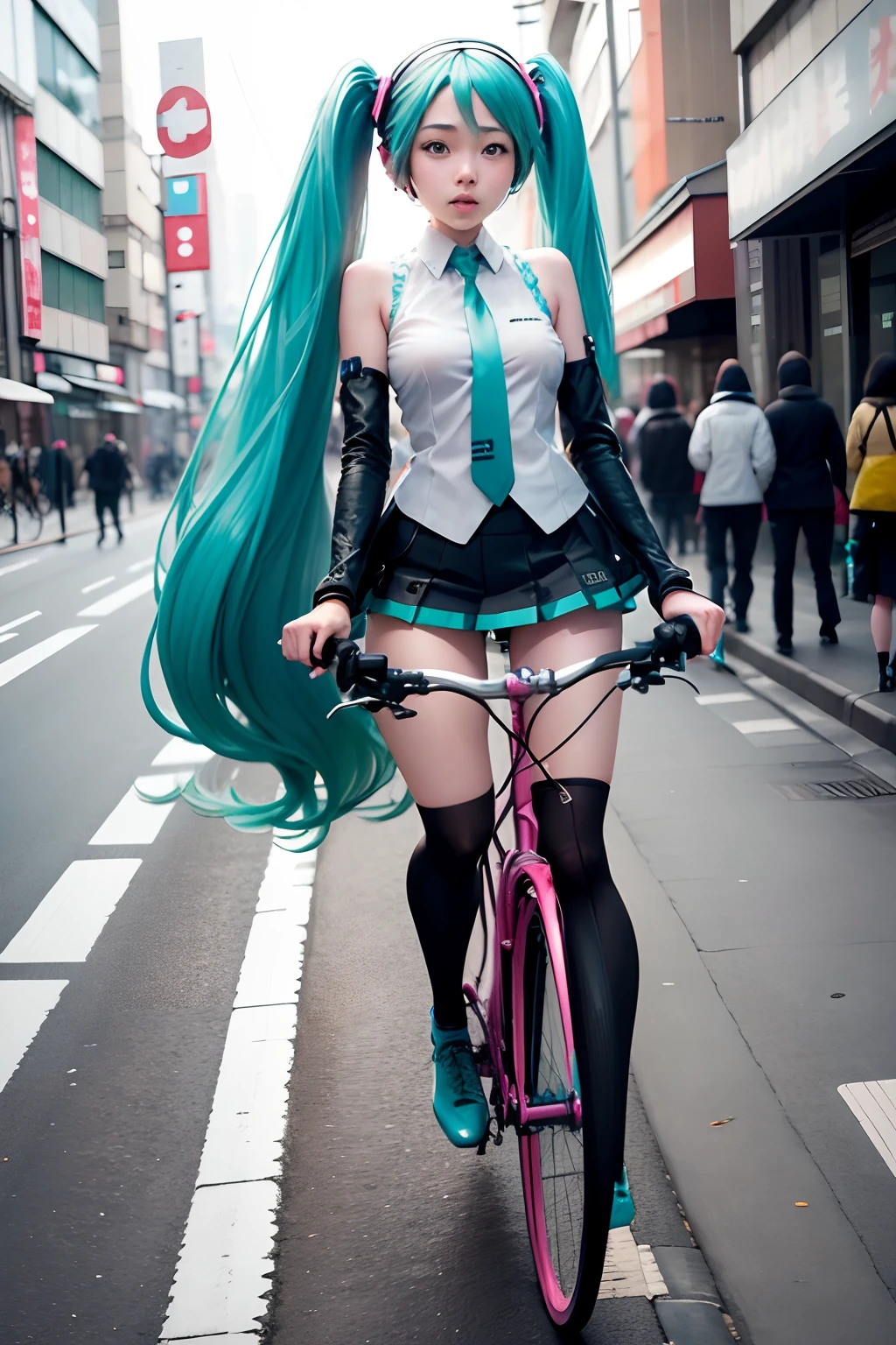 puts a girl on a bicycle all naked on the street of Tokyo Hatsune Miku, --auto --s2