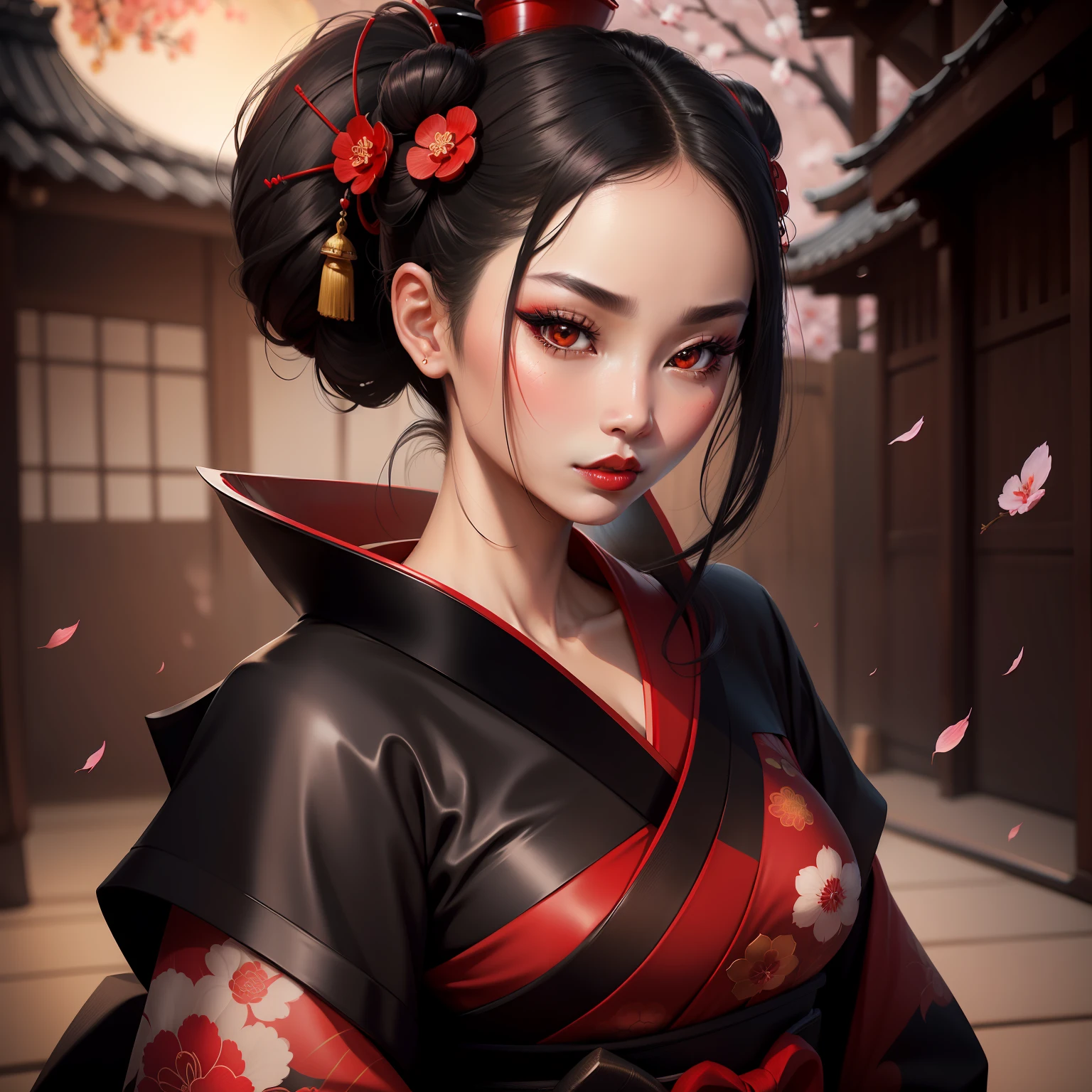 Seductive geisha, wear black kimono, black hair, red moon, dark skin complexion, cherry blossom on hair, 4k, almond eyes, big lip, logo, heart shape face, face fuller, sexy hair tied up, black eyes, dark red lipstick, female samurai warrior, swords, wider nose